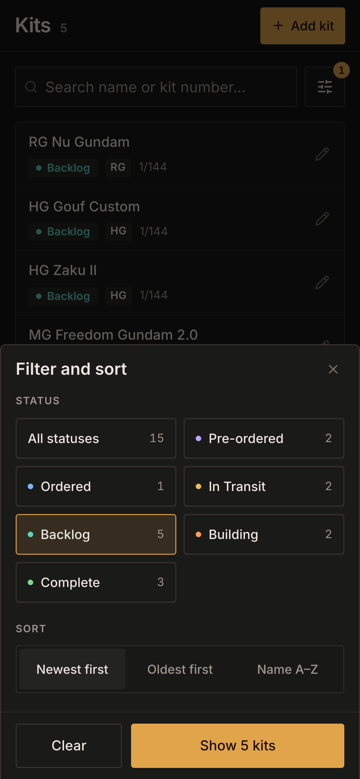 The Filter and sort sheet over the Kits list, with a button for each status and its count, three sort orders, and Clear and Show 5 kits at the foot.