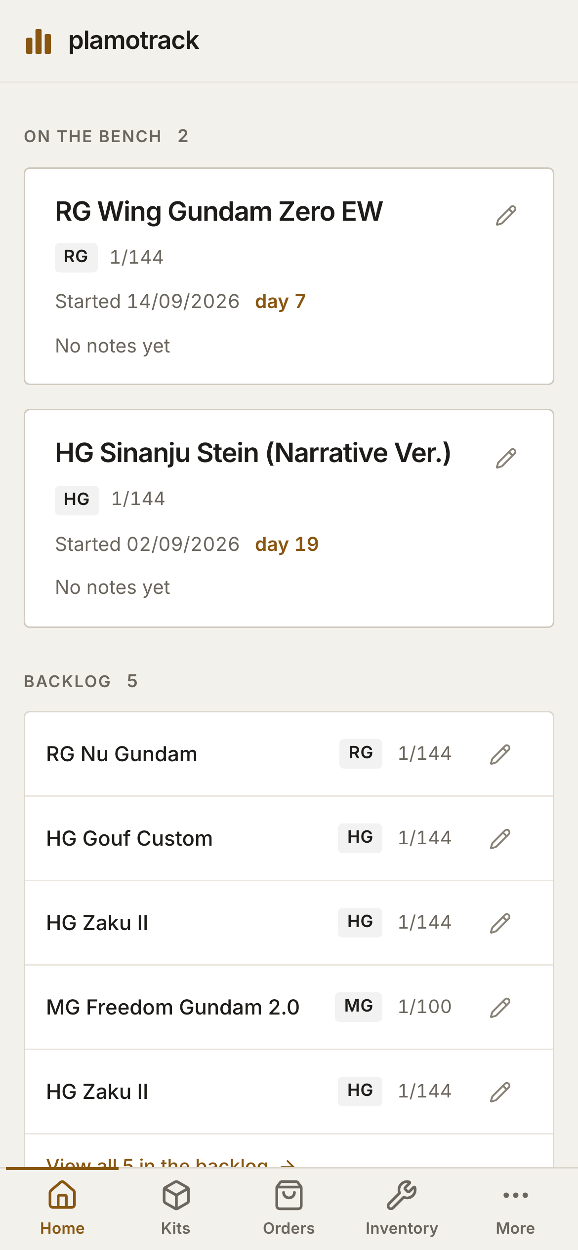 Home on a phone, with two kits on the bench, the backlog below them, and a tab bar with Home, Kits, Orders, Inventory and More.