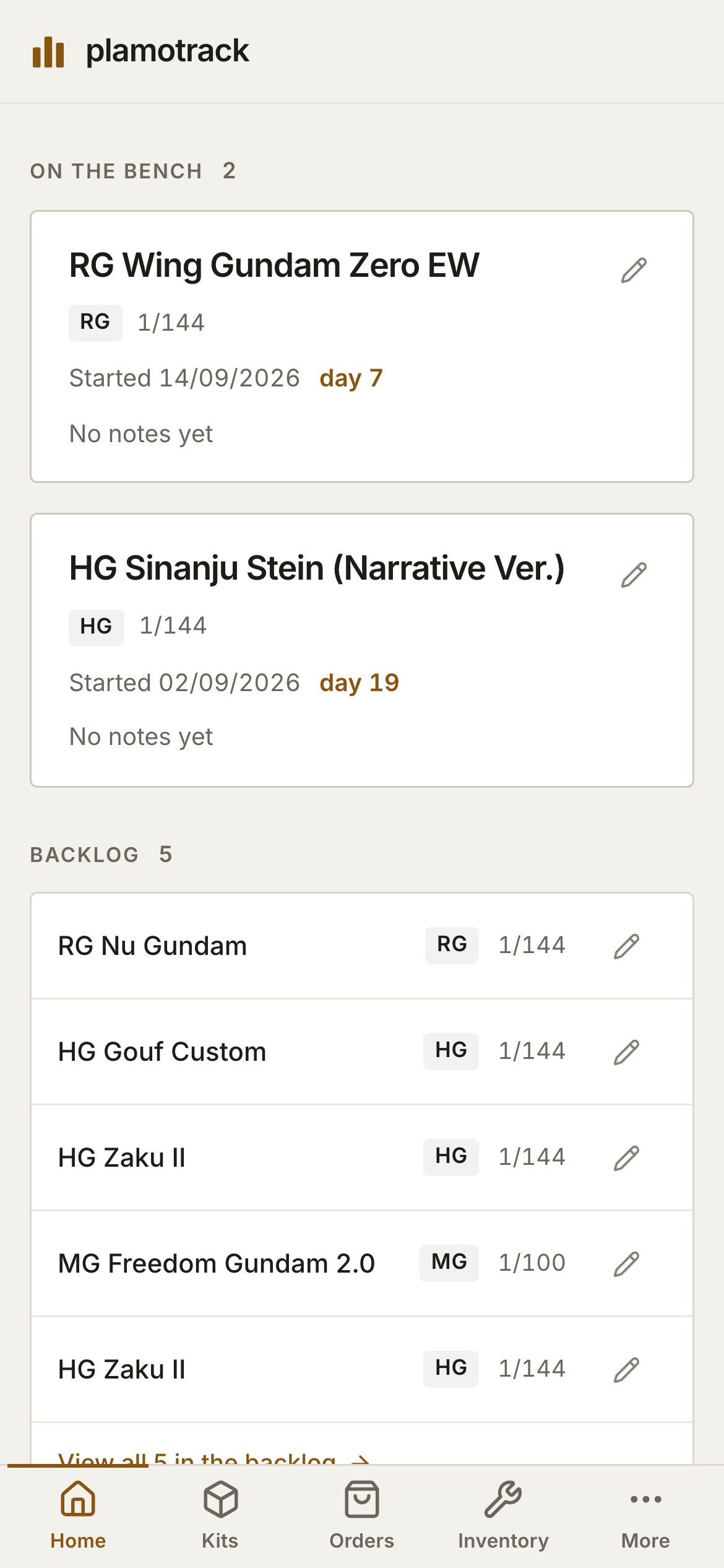 Home on a phone, with two kits on the bench, the backlog below them, and a tab bar with Home, Kits, Orders, Inventory and More.