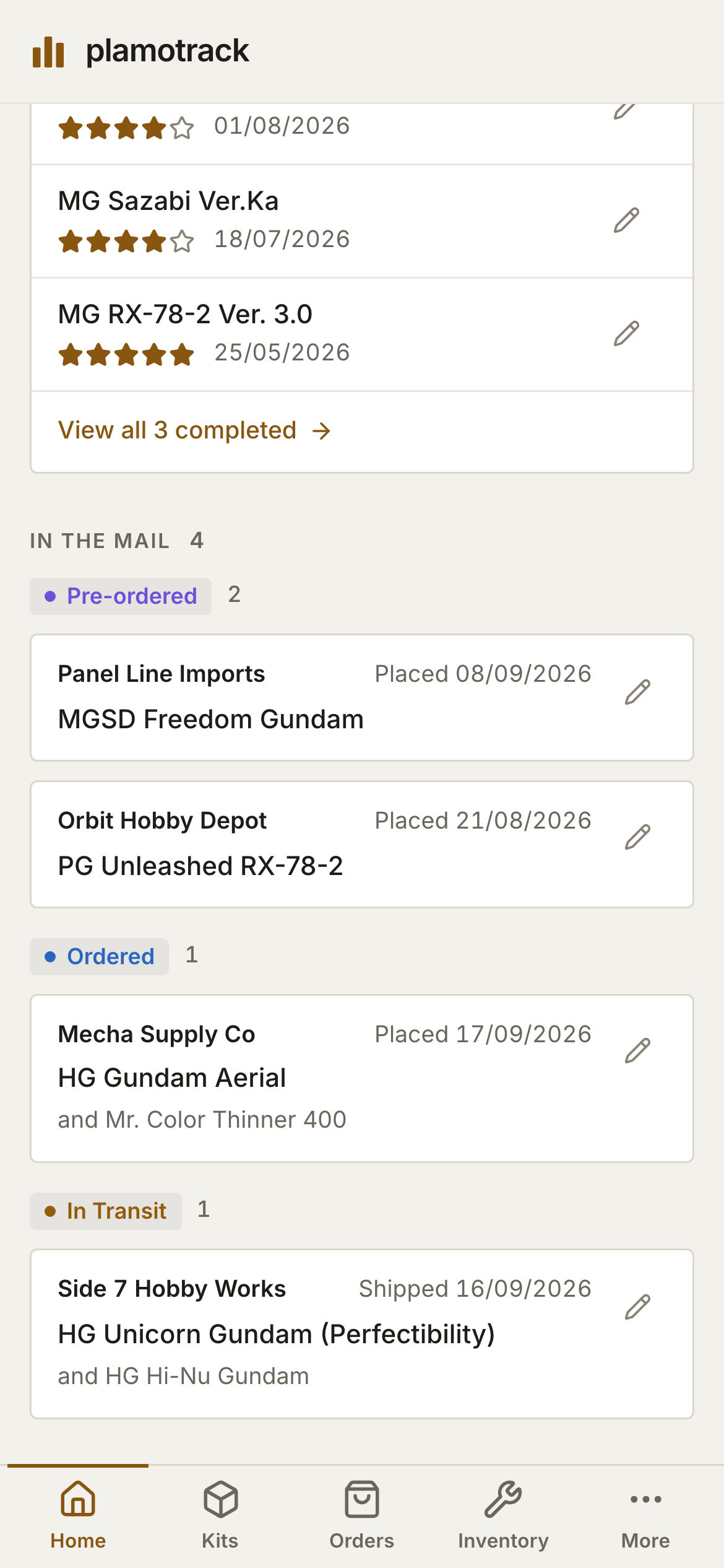 The lower part of Home on a phone: completed kits with their ratings and dates, then In the mail grouped under Pre-ordered, Ordered and In Transit.