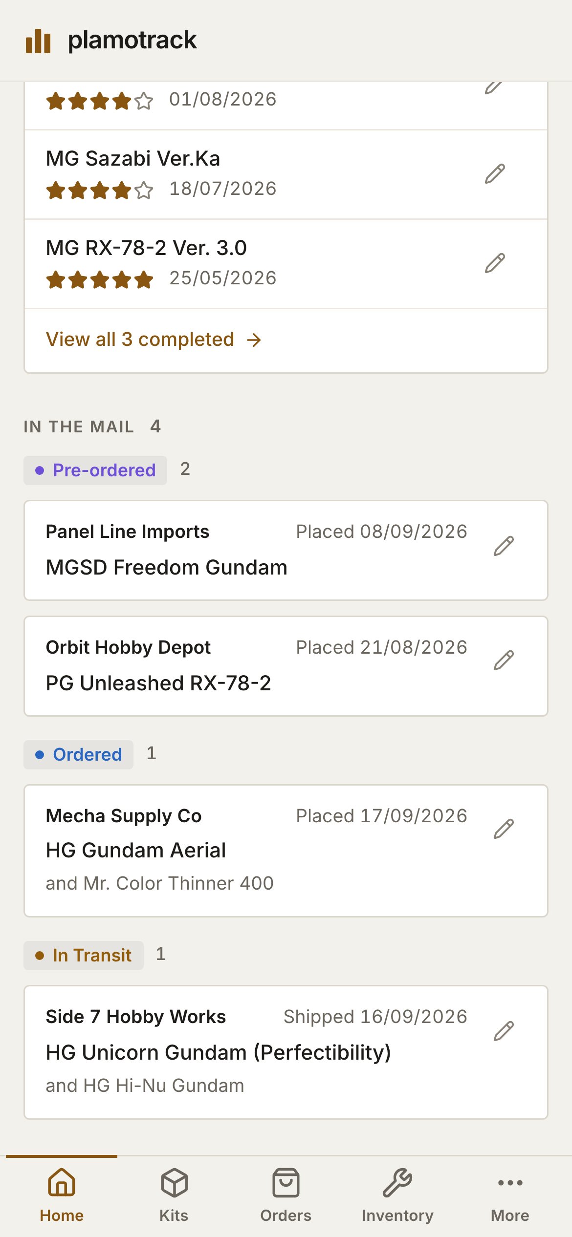 The lower part of Home on a phone: completed kits with their ratings and dates, then In the mail grouped under Pre-ordered, Ordered and In Transit.