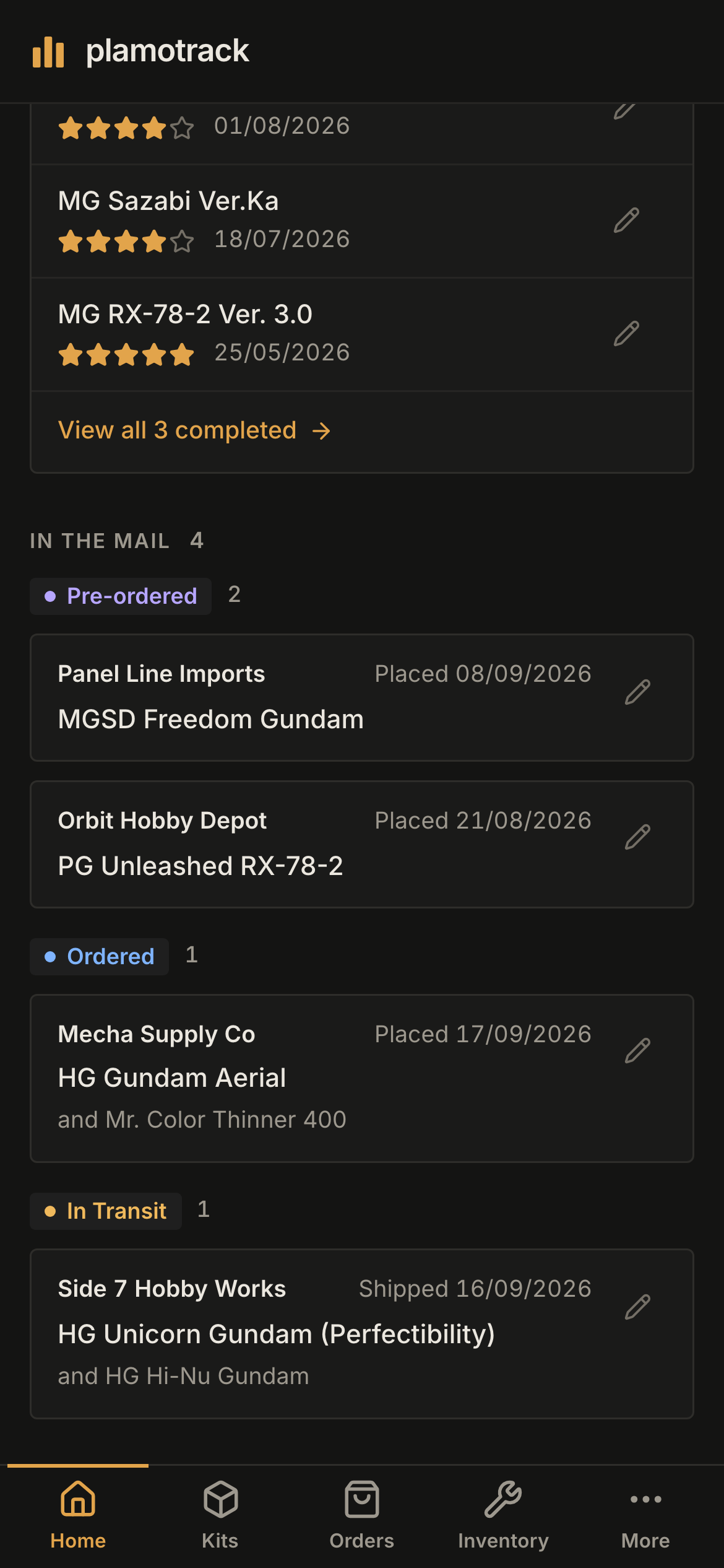 The lower part of Home on a phone: completed kits with their ratings and dates, then In the mail grouped under Pre-ordered, Ordered and In Transit.