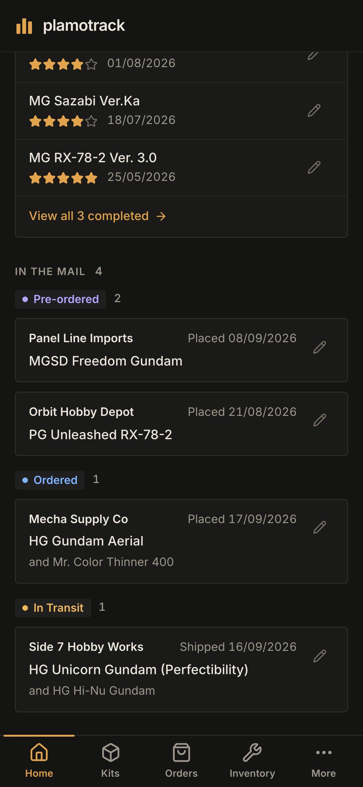 The lower part of Home on a phone: completed kits with their ratings and dates, then In the mail grouped under Pre-ordered, Ordered and In Transit.