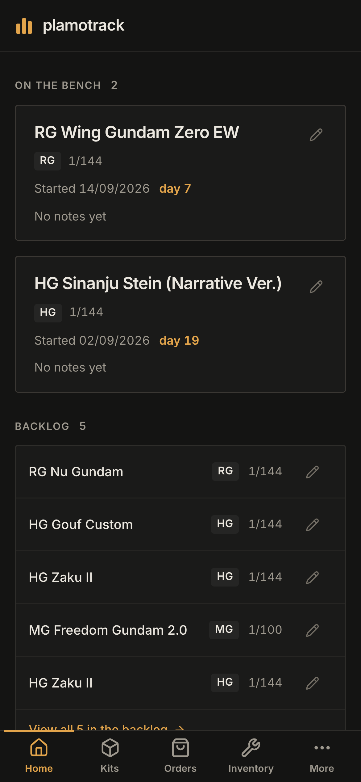 Home on a phone, with two kits on the bench, the backlog below them, and a tab bar with Home, Kits, Orders, Inventory and More.