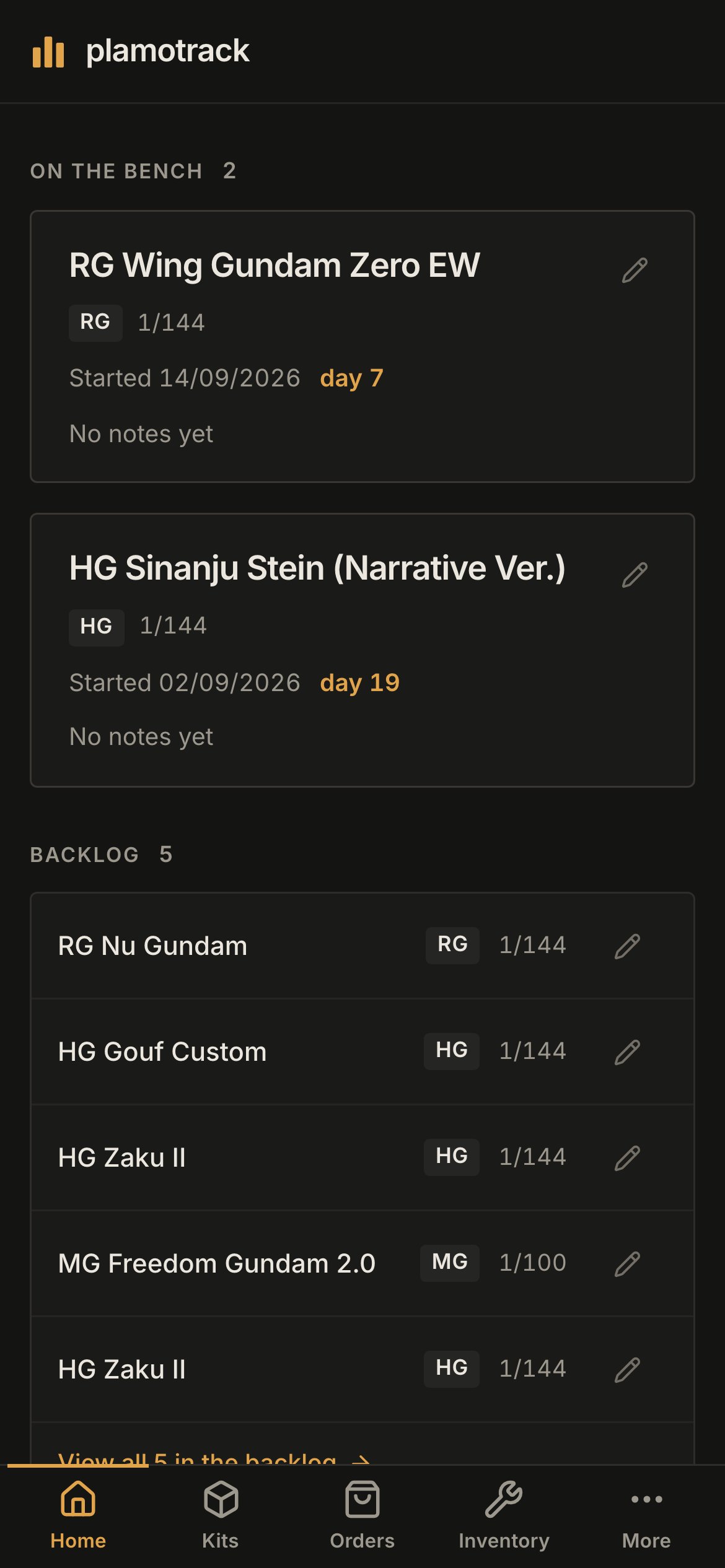 Home on a phone, with two kits on the bench, the backlog below them, and a tab bar with Home, Kits, Orders, Inventory and More.