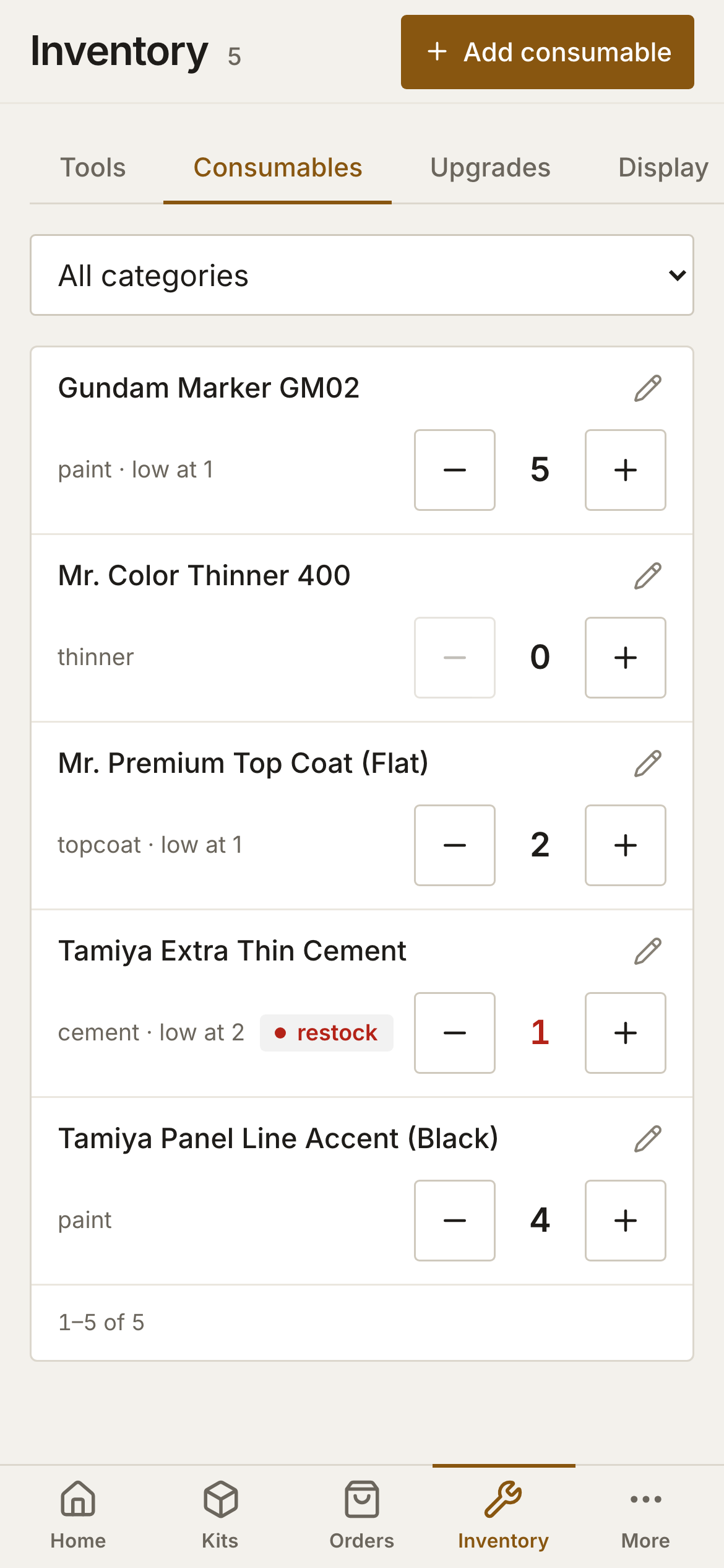 Inventory on a phone, on the Consumables tab: a card for each item with its category, a low-stock threshold where set, and minus and plus buttons beside the count.