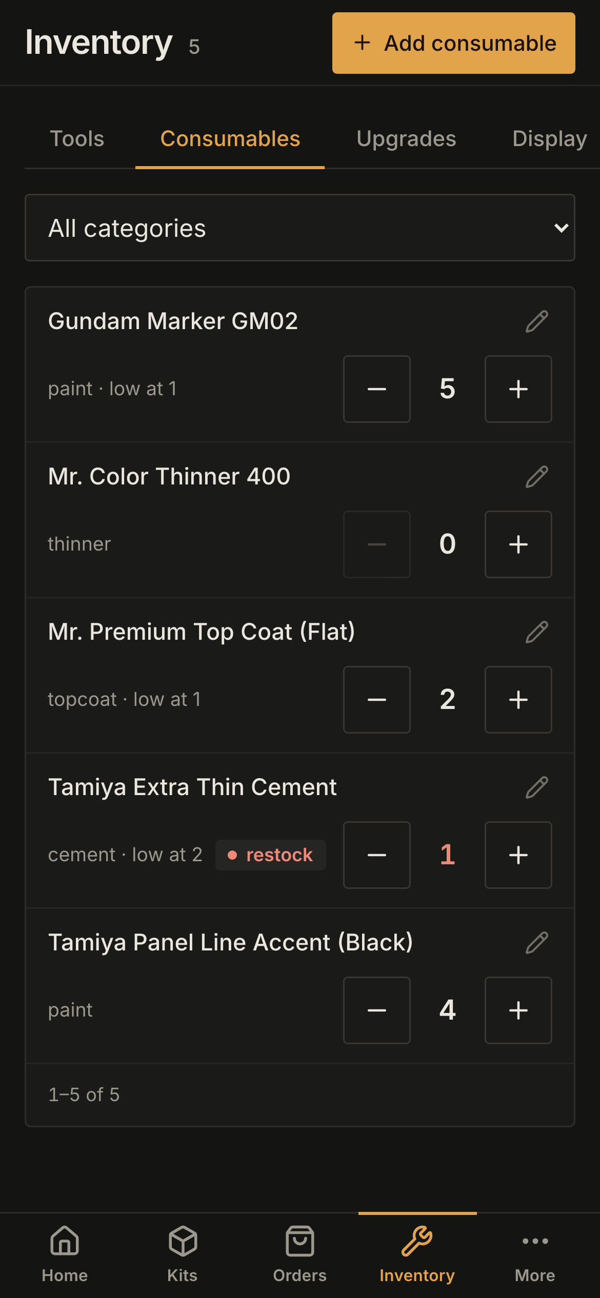 Inventory on a phone, on the Consumables tab: a card for each item with its category, a low-stock threshold where set, and minus and plus buttons beside the count.