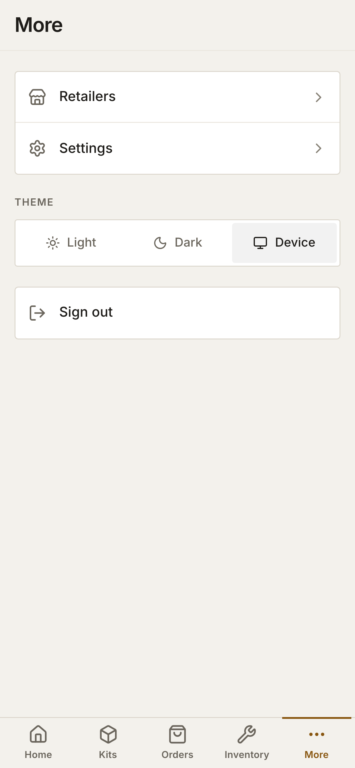 The More tab on a phone, listing Retailers and Settings, a Theme control with Light, Dark and Device, and Sign out.