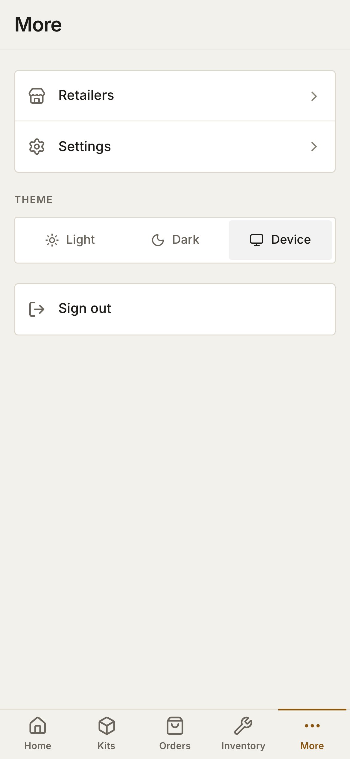 The More tab on a phone, listing Retailers and Settings, a Theme control with Light, Dark and Device, and Sign out.