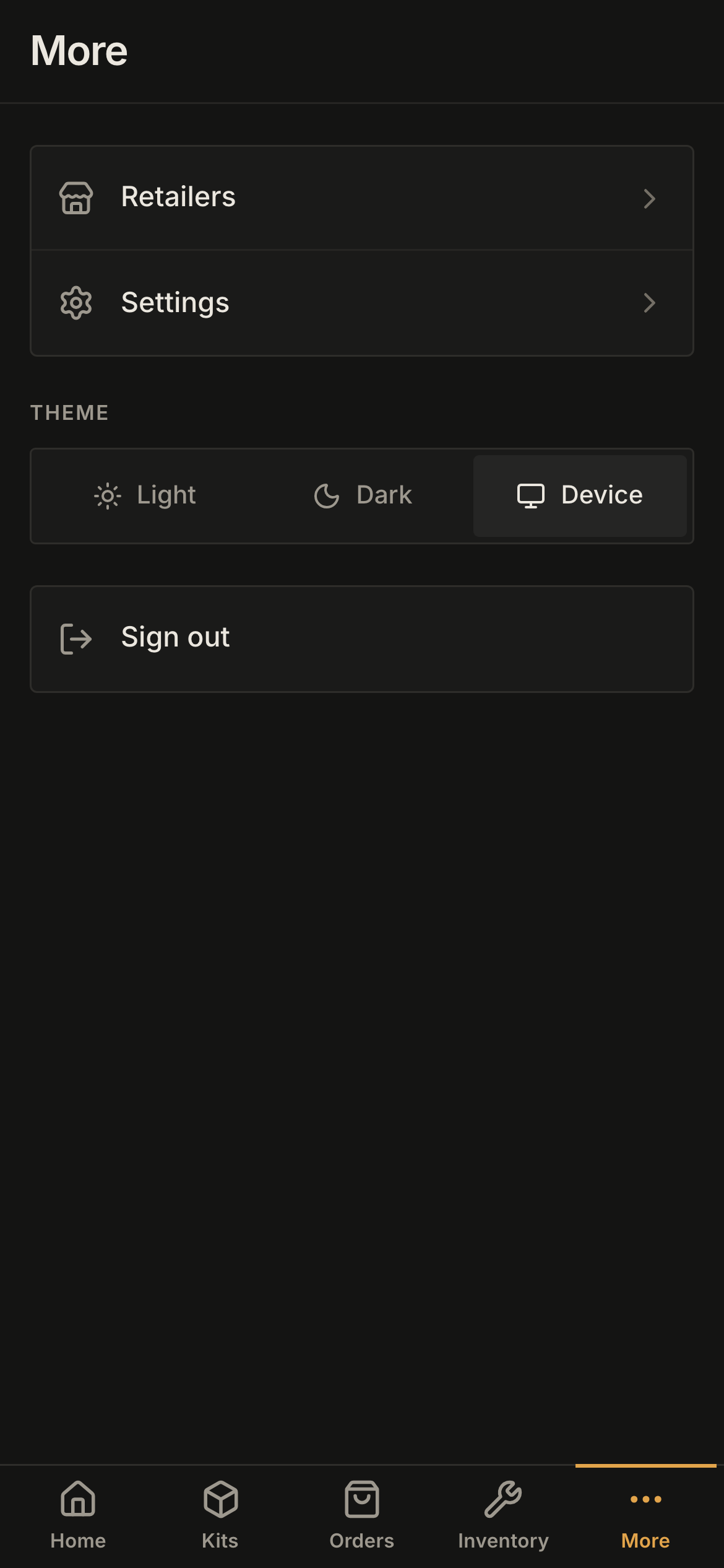 The More tab on a phone, listing Retailers and Settings, a Theme control with Light, Dark and Device, and Sign out.