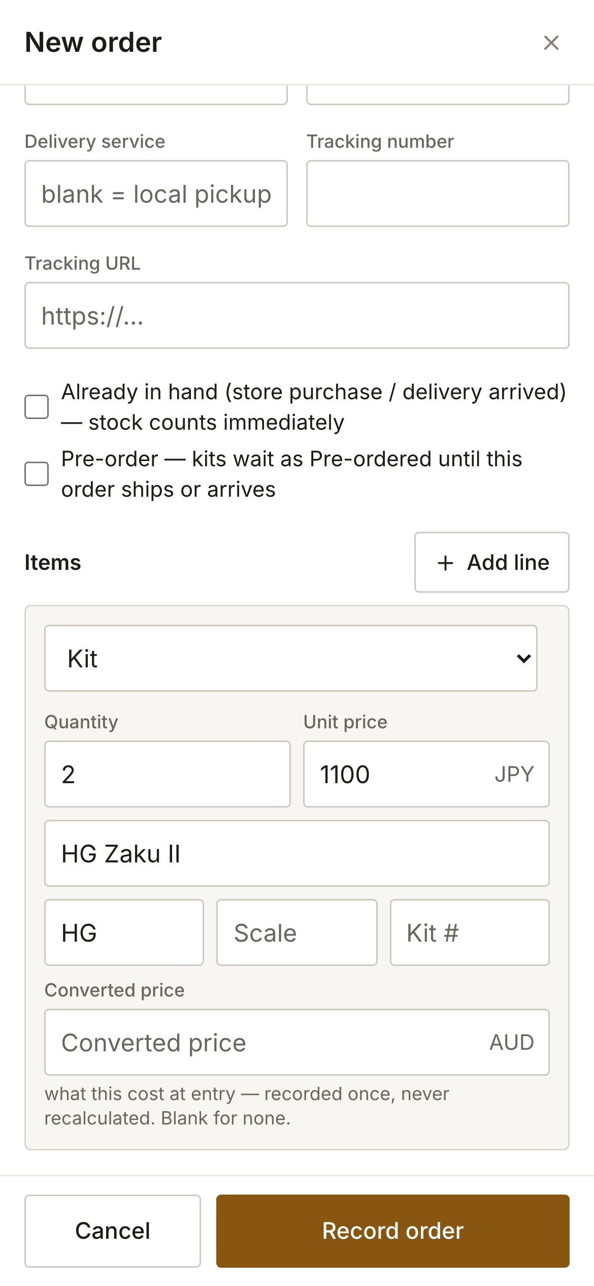 The New order sheet on a phone, showing one kit line as a card with quantity, unit price, name and grade, and Cancel and Record order in a bar at the bottom.
