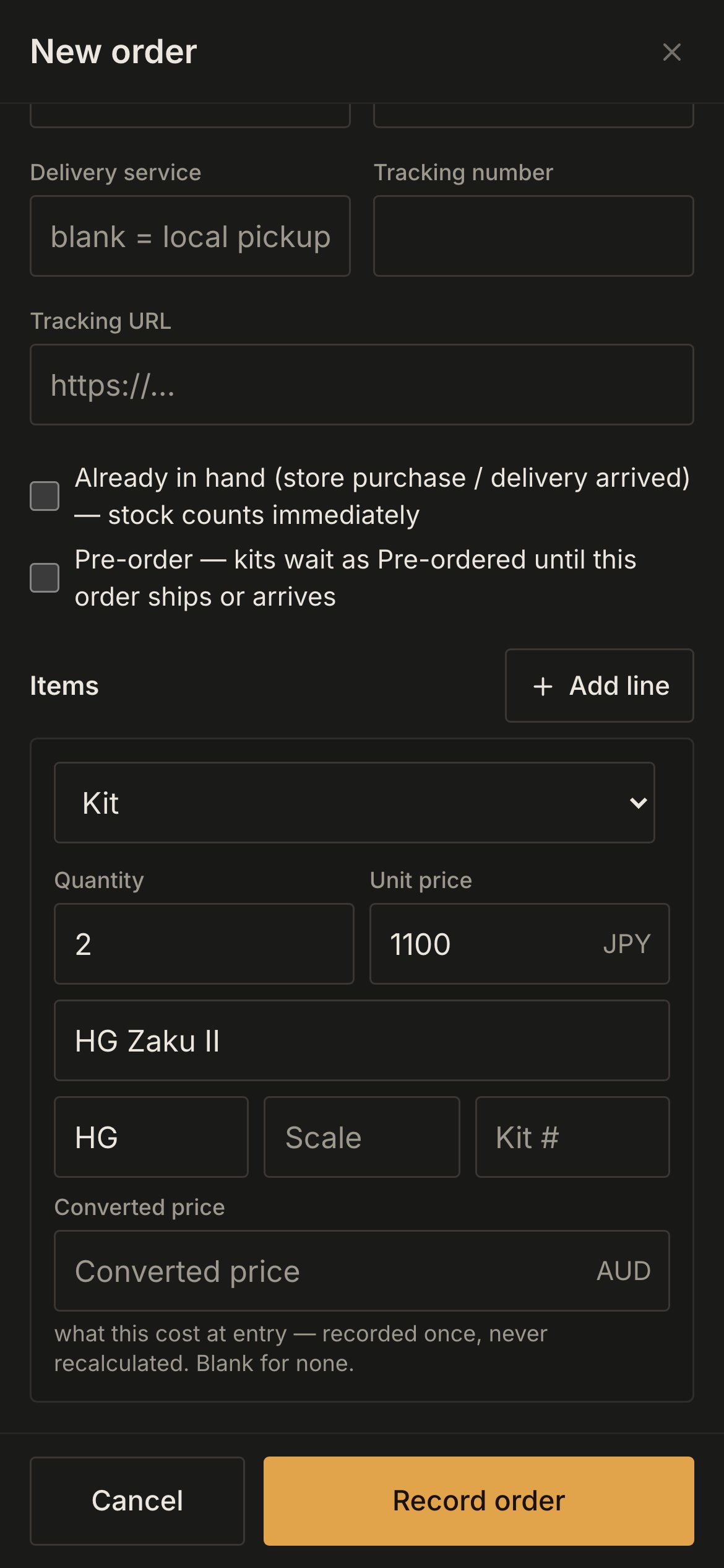 The New order sheet on a phone, showing one kit line as a card with quantity, unit price, name and grade, and Cancel and Record order in a bar at the bottom.