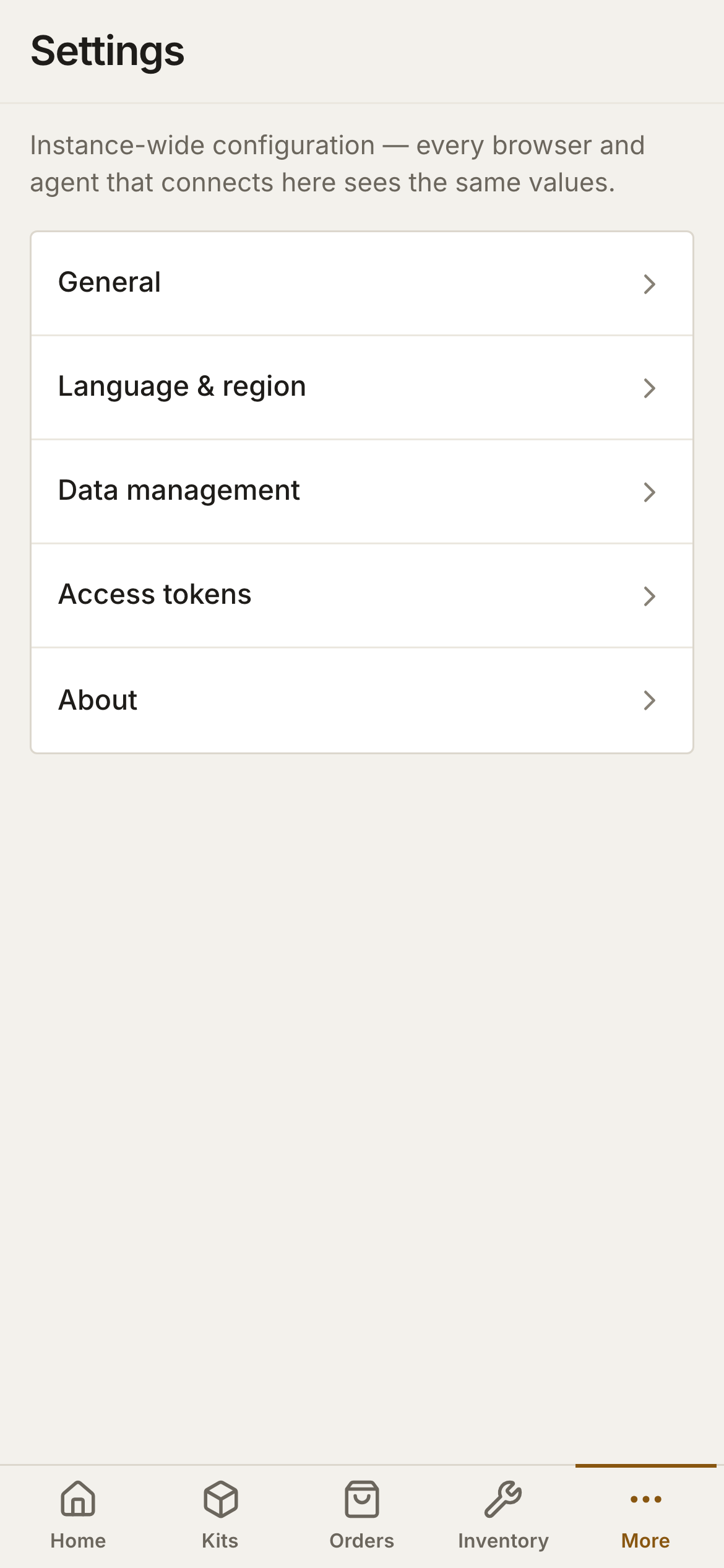 Settings on a phone: a list of General, Language & region, Data management, Access tokens and About.