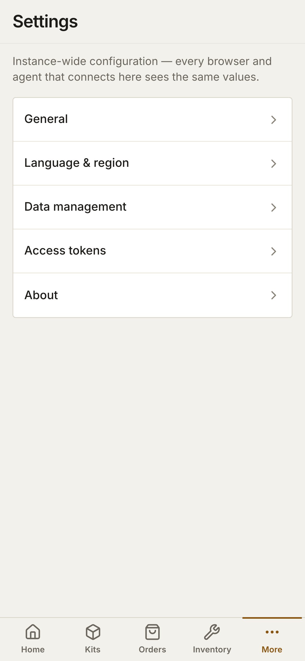 Settings on a phone: a list of General, Language & region, Data management, Access tokens and About.