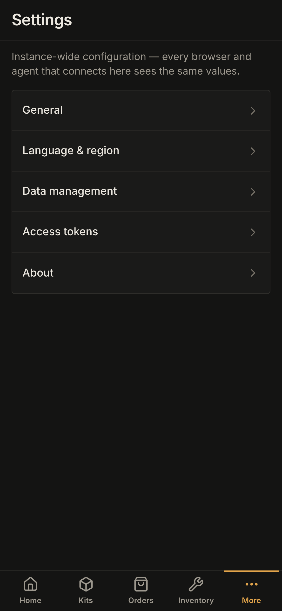 Settings on a phone: a list of General, Language & region, Data management, Access tokens and About.