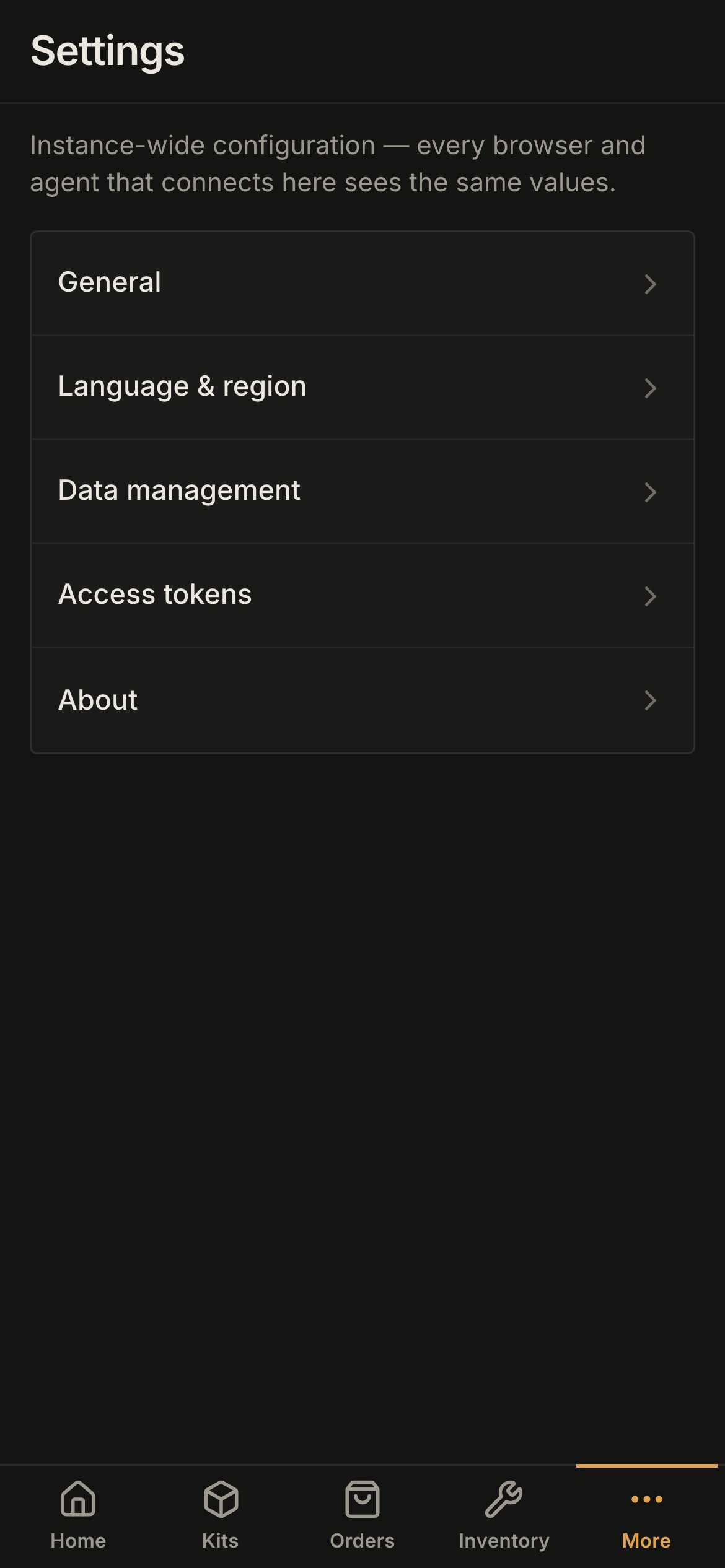 Settings on a phone: a list of General, Language & region, Data management, Access tokens and About.