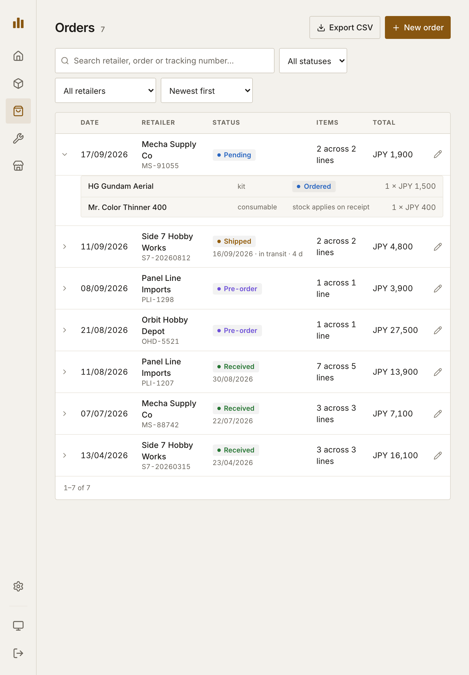 Orders at a tablet's width, with a rail of icons on the left and a table whose order numbers sit under the retailer names, one order expanded to show its two lines.