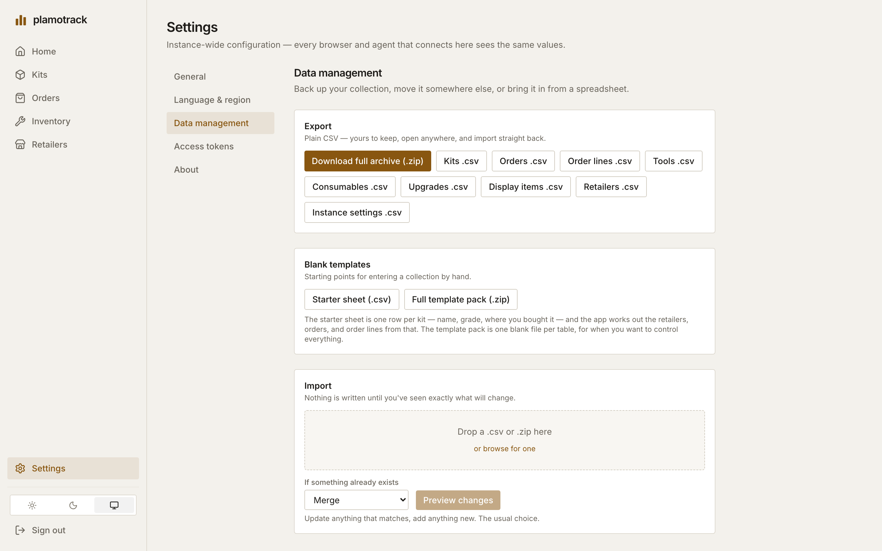 Settings → Data management, with the Export buttons, the Blank templates and the Import area.