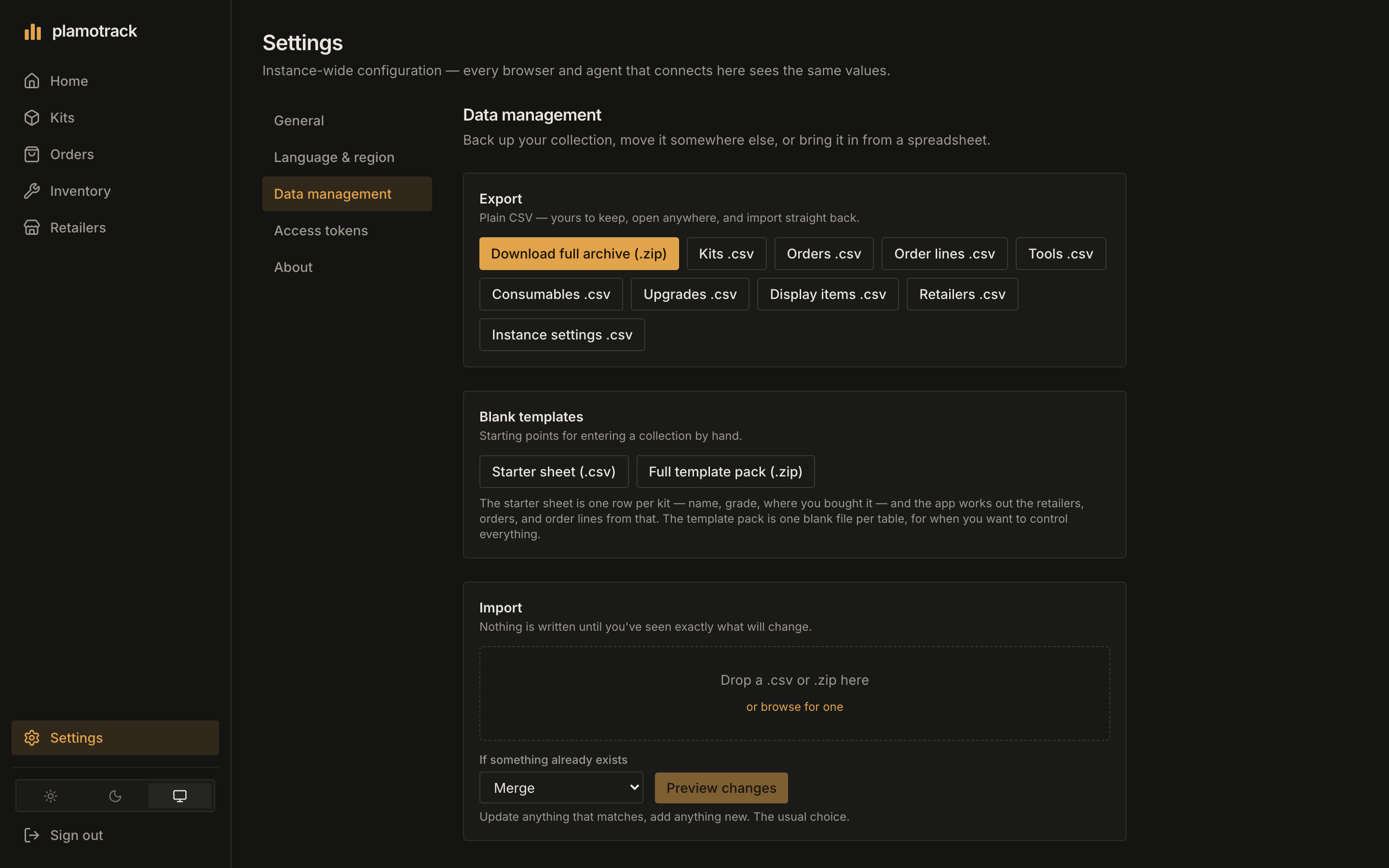 Settings → Data management, with the Export buttons, the Blank templates and the Import area.