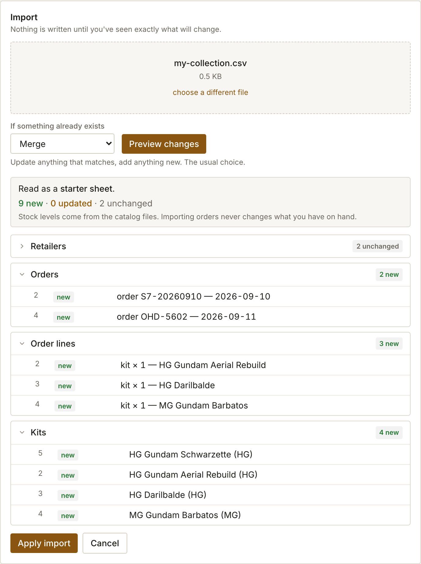 The Import card after Preview changes: a starter sheet read as 9 new and 2 unchanged, with the retailers, orders, order lines and kits it would create listed by row.
