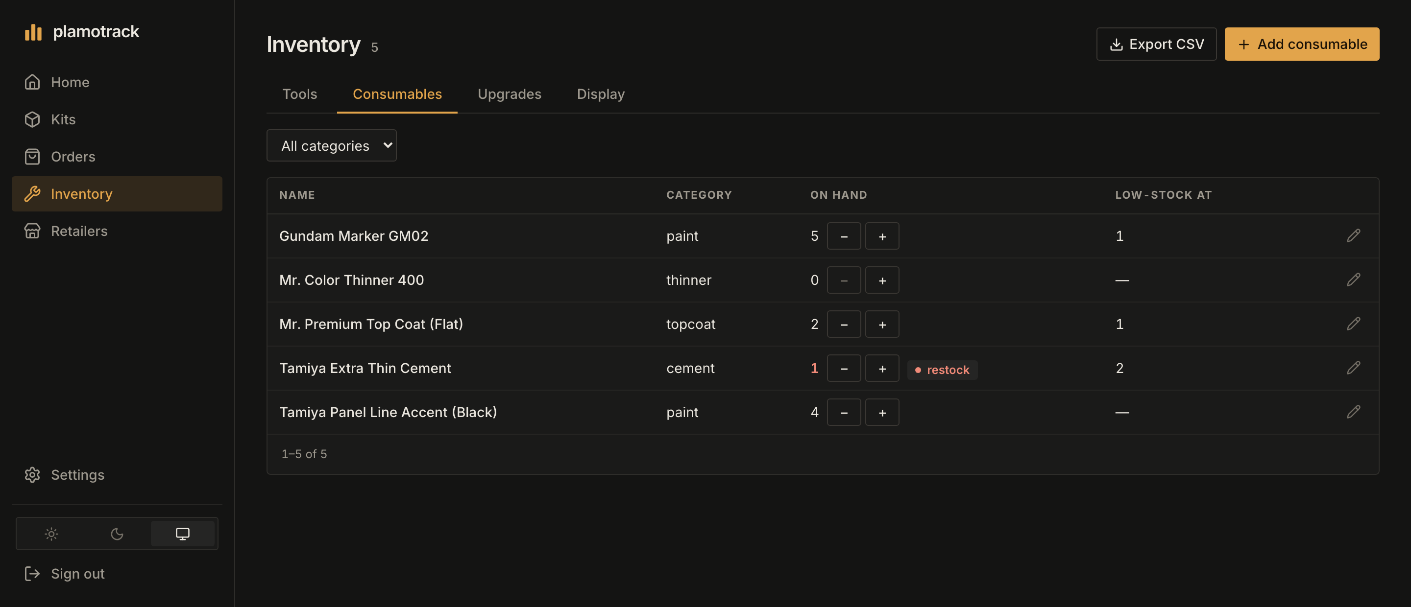 The Inventory page on the Consumables tab: one item at 0 on hand, and one below its threshold flagged with a restock tag.