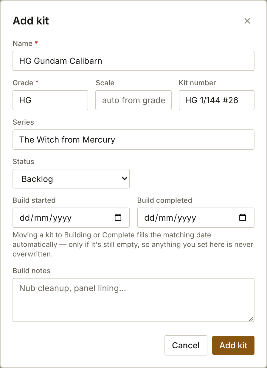 The Add kit dialog with Name, Grade, Scale, Kit number, Series and Status filled in.