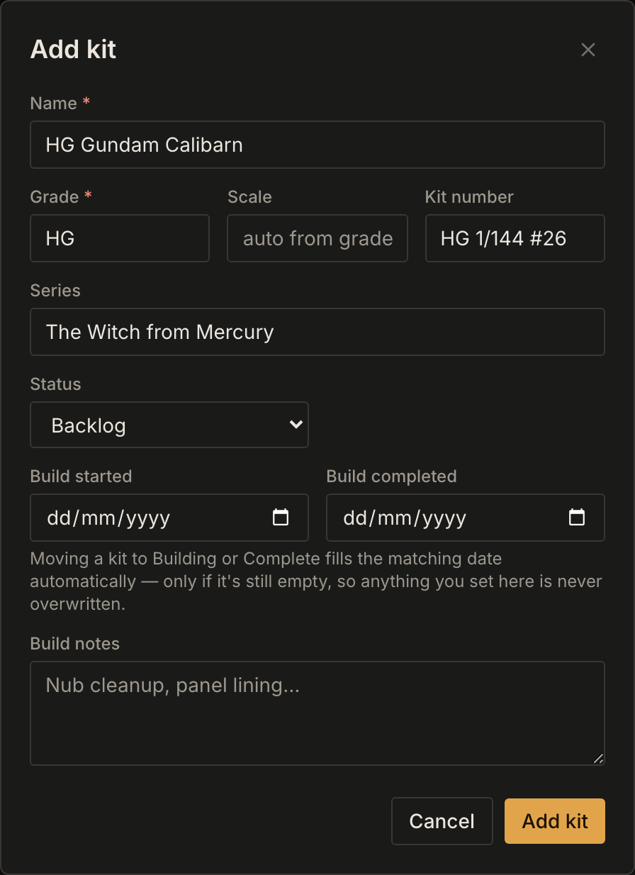 The Add kit dialog with Name, Grade, Scale, Kit number, Series and Status filled in.