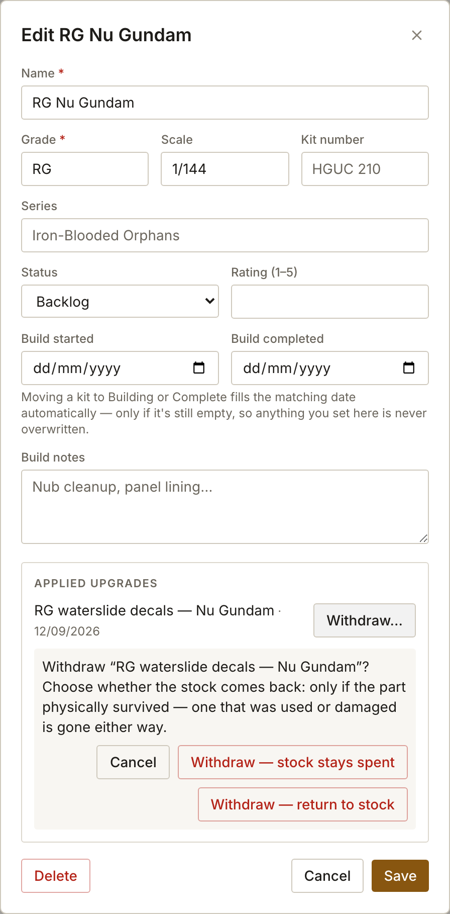 The Edit kit dialog with an applied upgrade and the withdrawal question showing both choices.