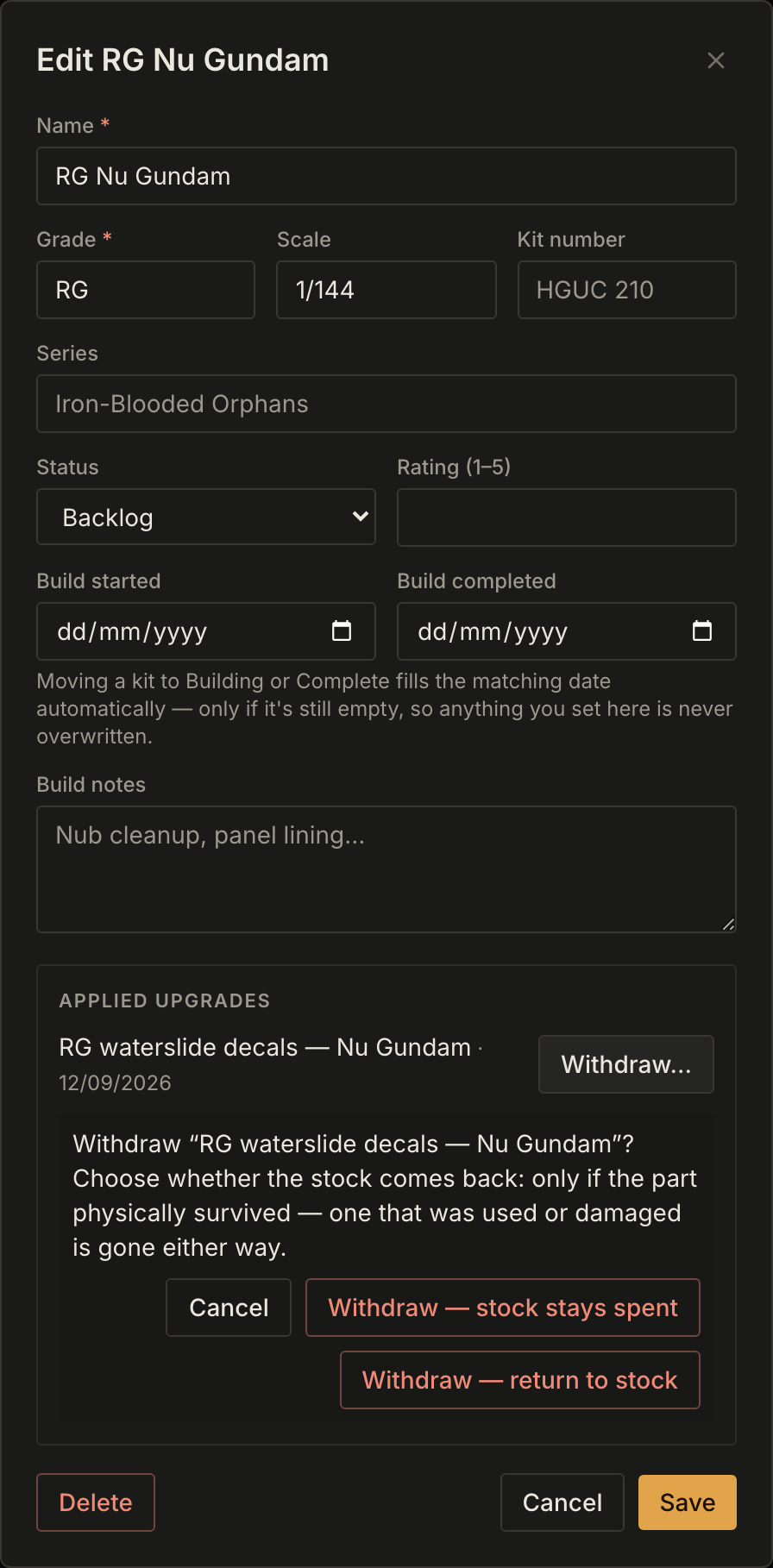 The Edit kit dialog with an applied upgrade and the withdrawal question showing both choices.