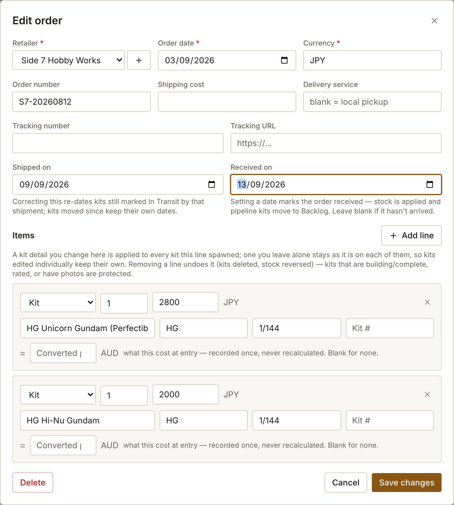 The Edit order dialog with Shipped on already filled and Received on being set to today.