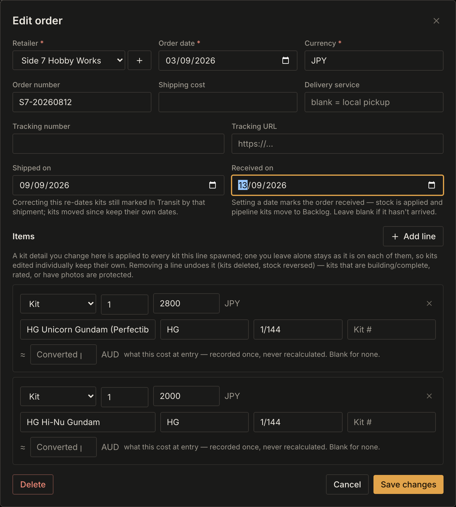 The Edit order dialog with Shipped on already filled and Received on being set to today.