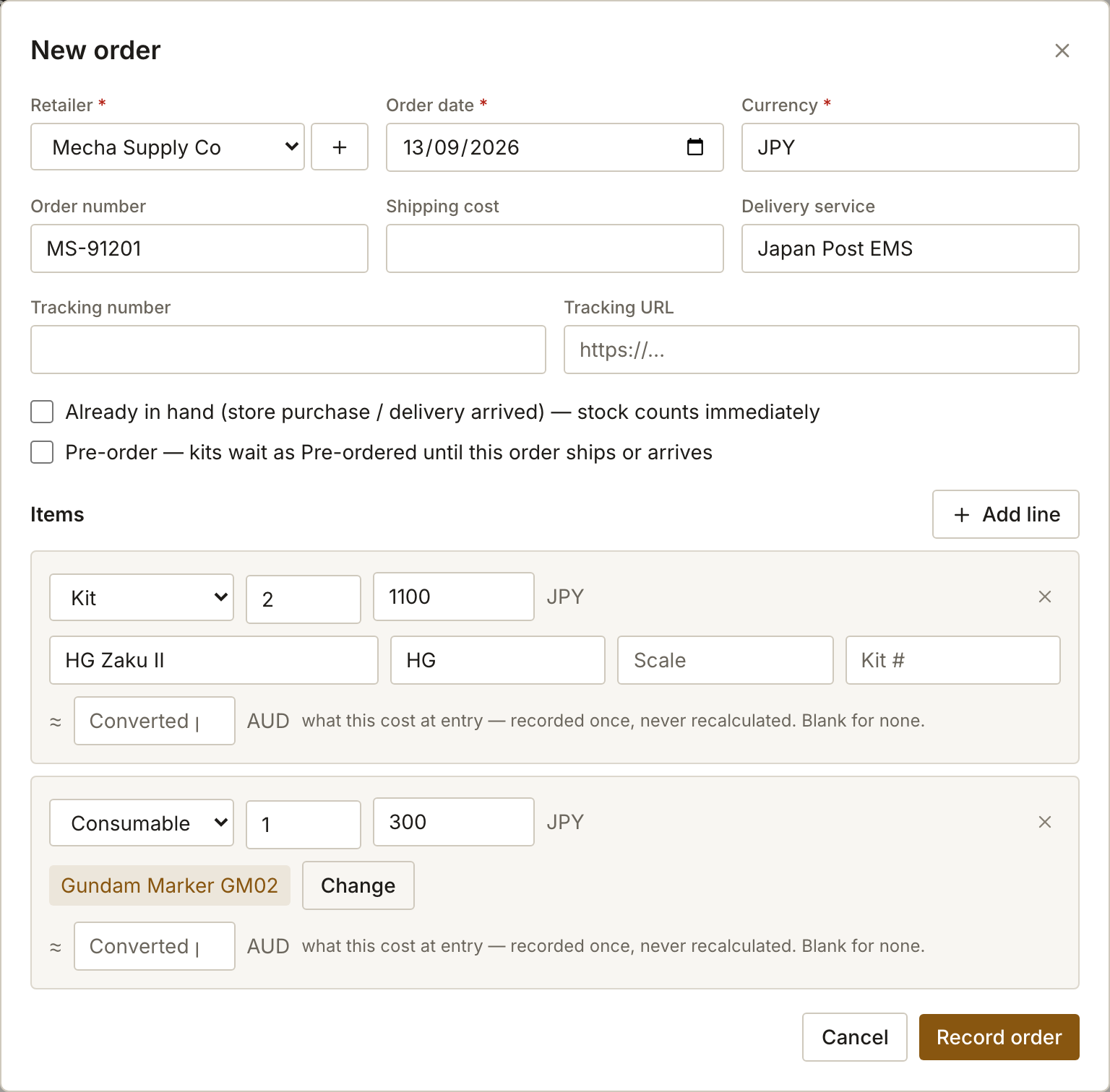 The New order dialog with a retailer, order number and delivery service filled in, and two item lines: a kit at quantity 2 and a consumable chosen from the catalogue.