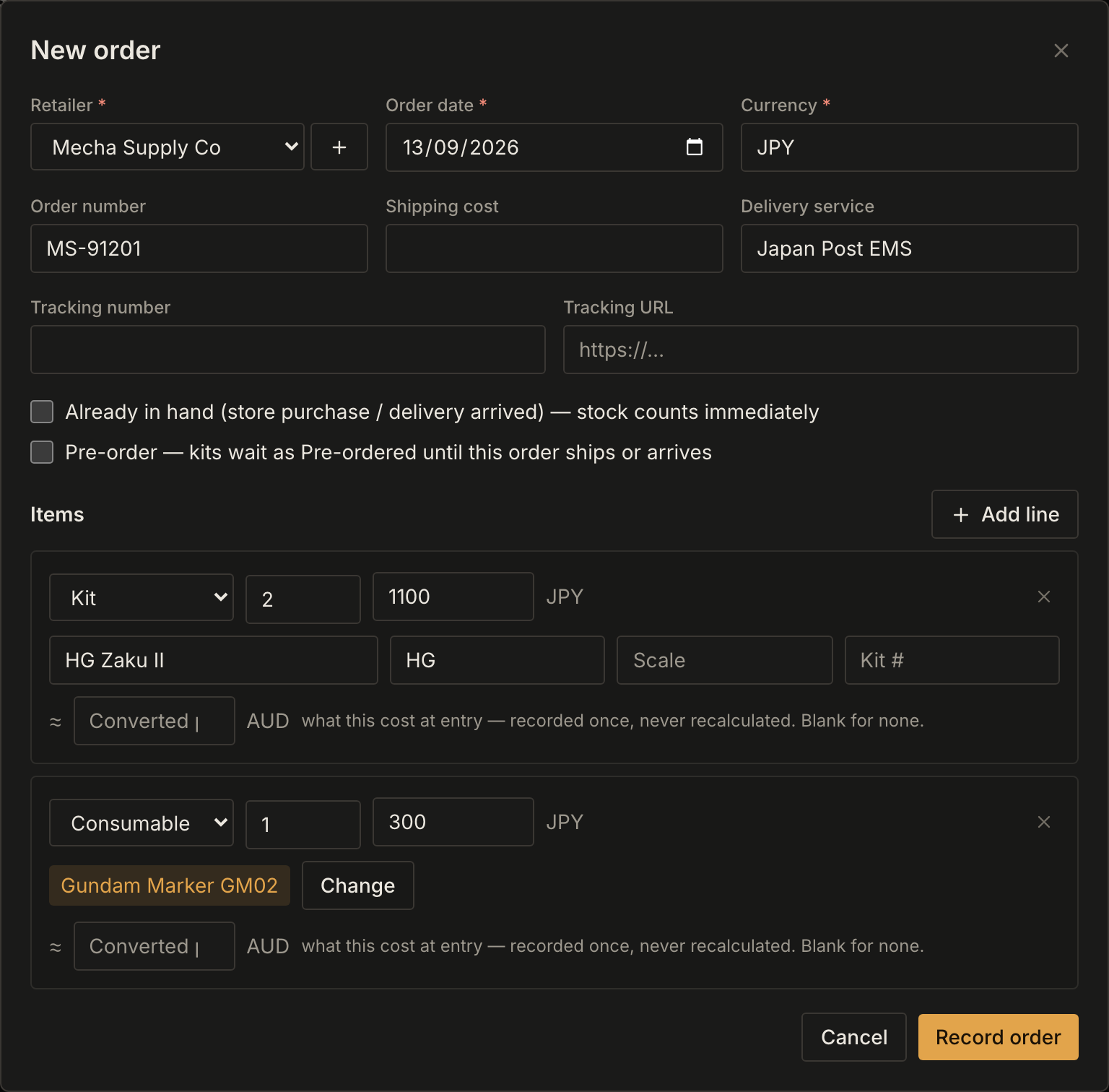 The New order dialog with a retailer, order number and delivery service filled in, and two item lines: a kit at quantity 2 and a consumable chosen from the catalogue.