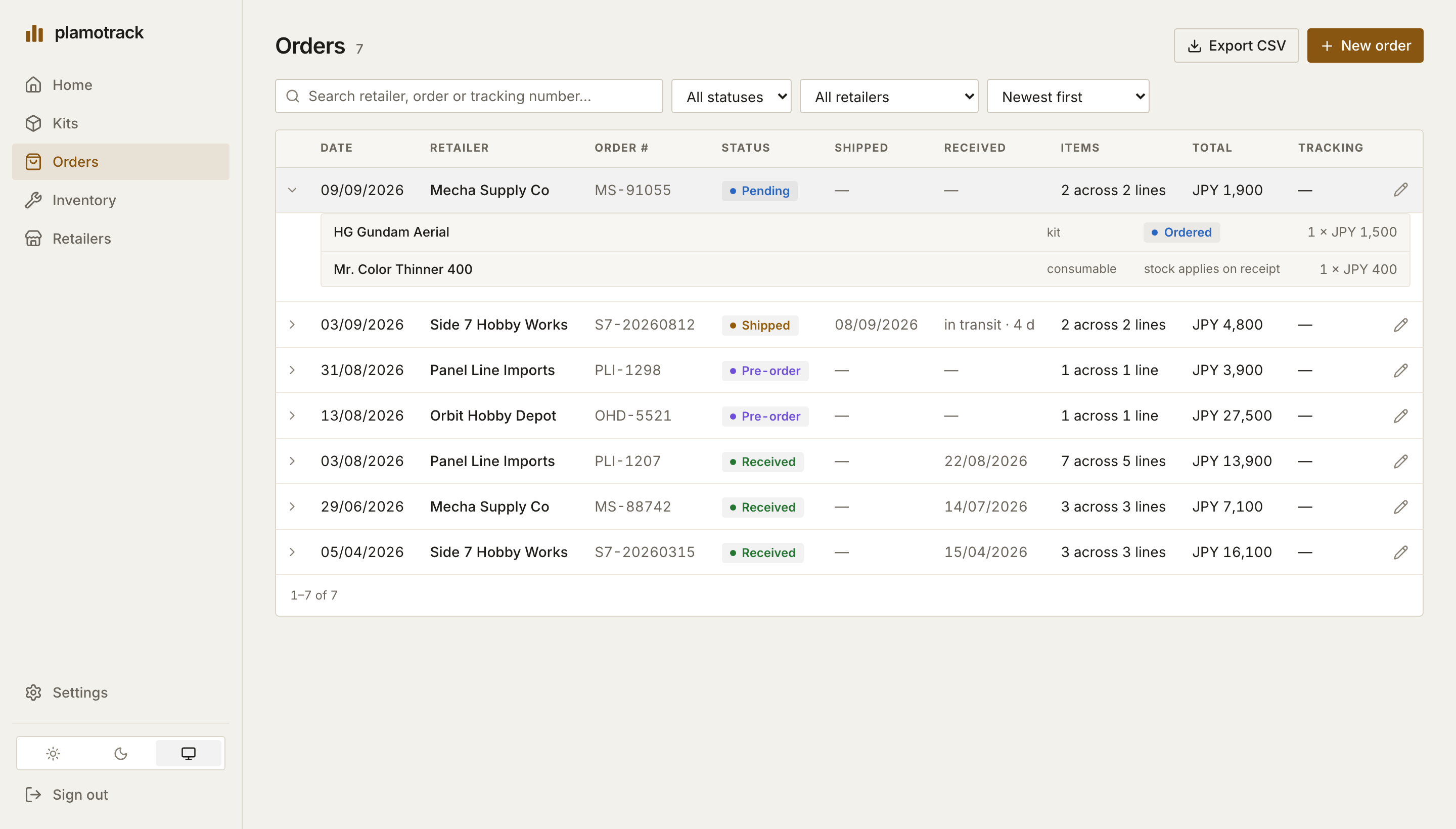 The Orders list with one order expanded to show its kit and inventory lines, quantities and prices.