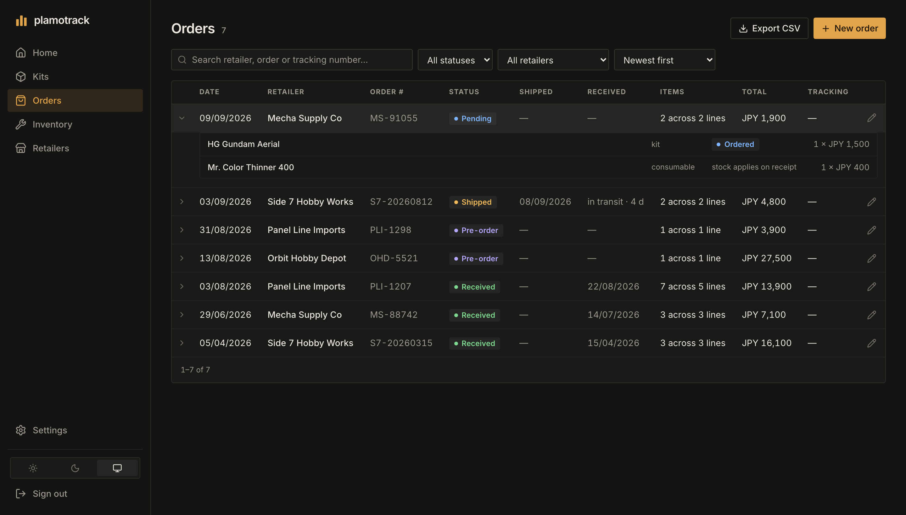 The Orders list with one order expanded to show its kit and inventory lines, quantities and prices.
