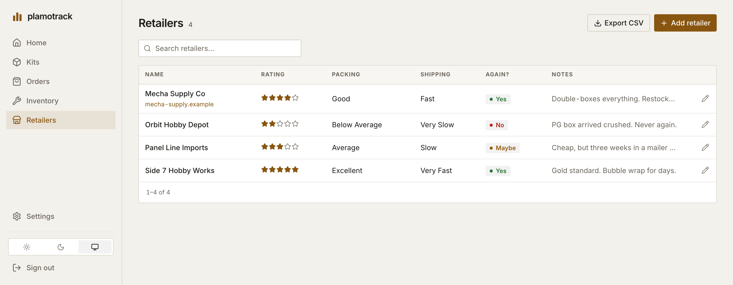 The Retailers page listing four shops with star ratings, packing, shipping, would-order-again and notes columns.