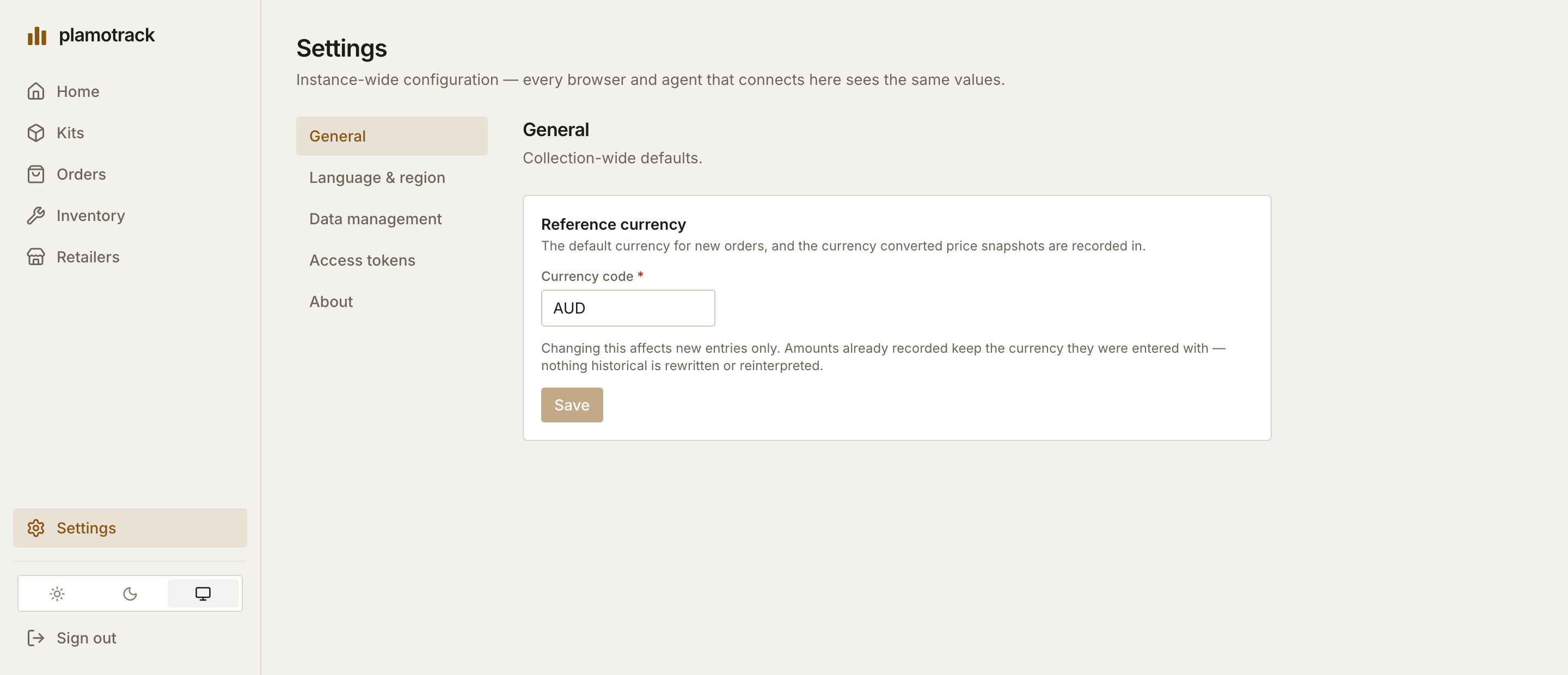 Settings → General, with the Reference currency card and its Currency code field.