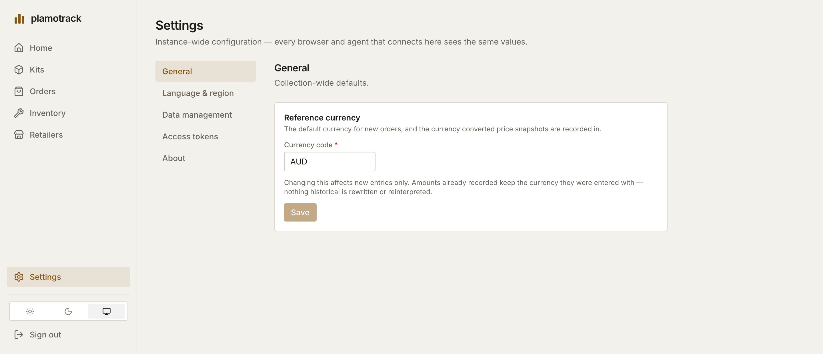 Settings → General, with the Reference currency card and its Currency code field.