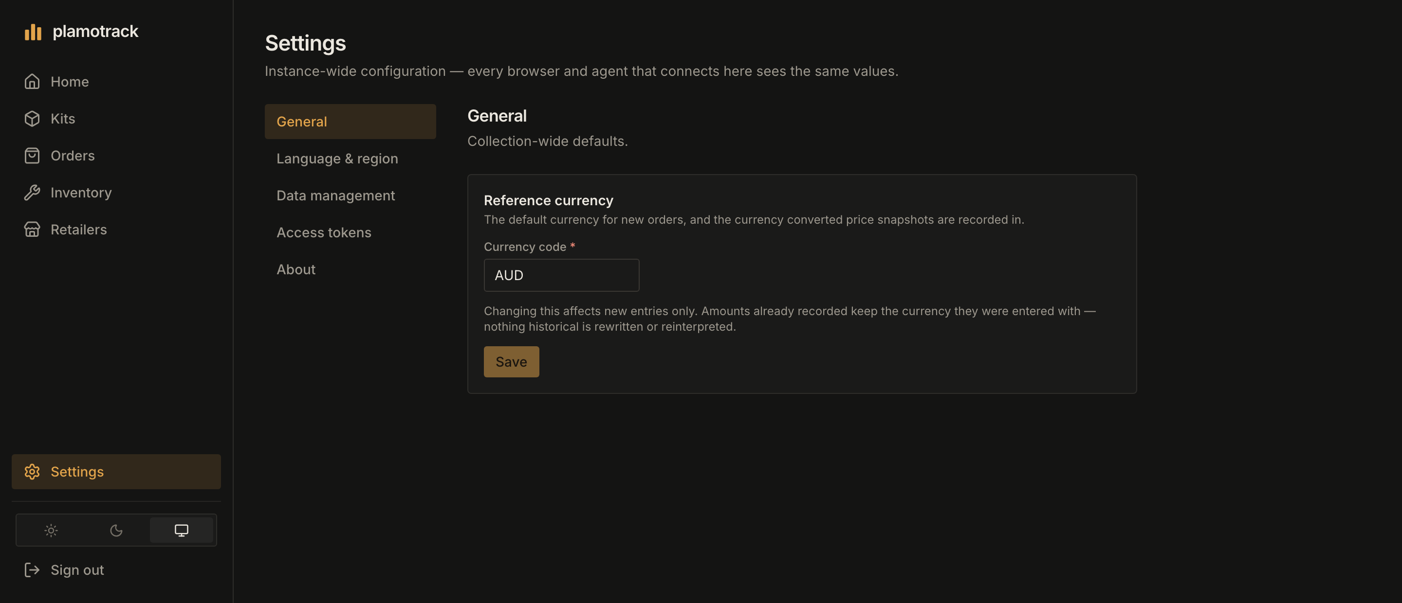 Settings → General, with the Reference currency card and its Currency code field.