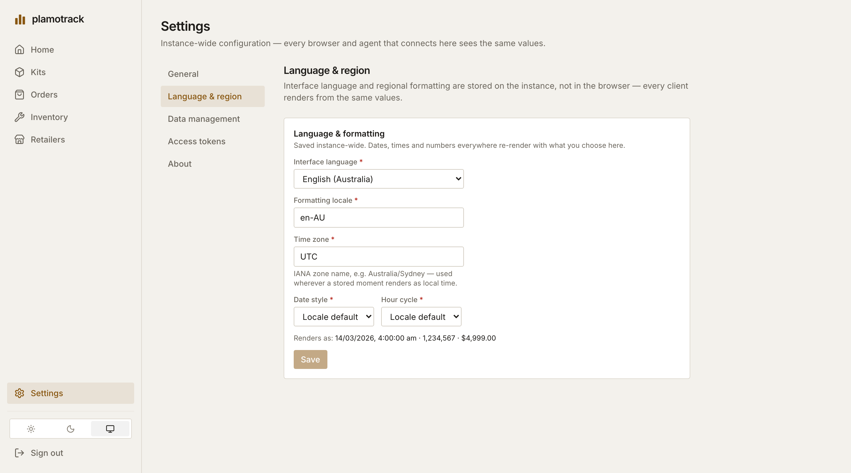 Settings → Language & region, with Interface language, Formatting locale, Time zone, Date style and Hour cycle, and a preview of how values render.