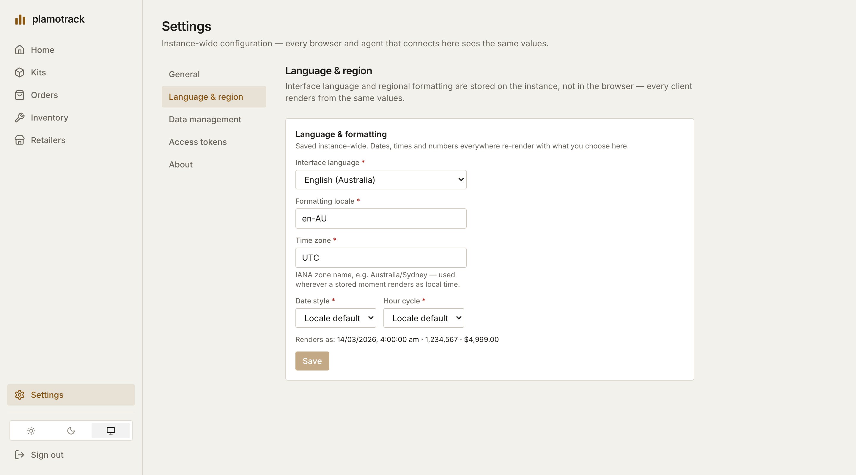 Settings → Language & region, with Interface language, Formatting locale, Time zone, Date style and Hour cycle, and a preview of how values render.