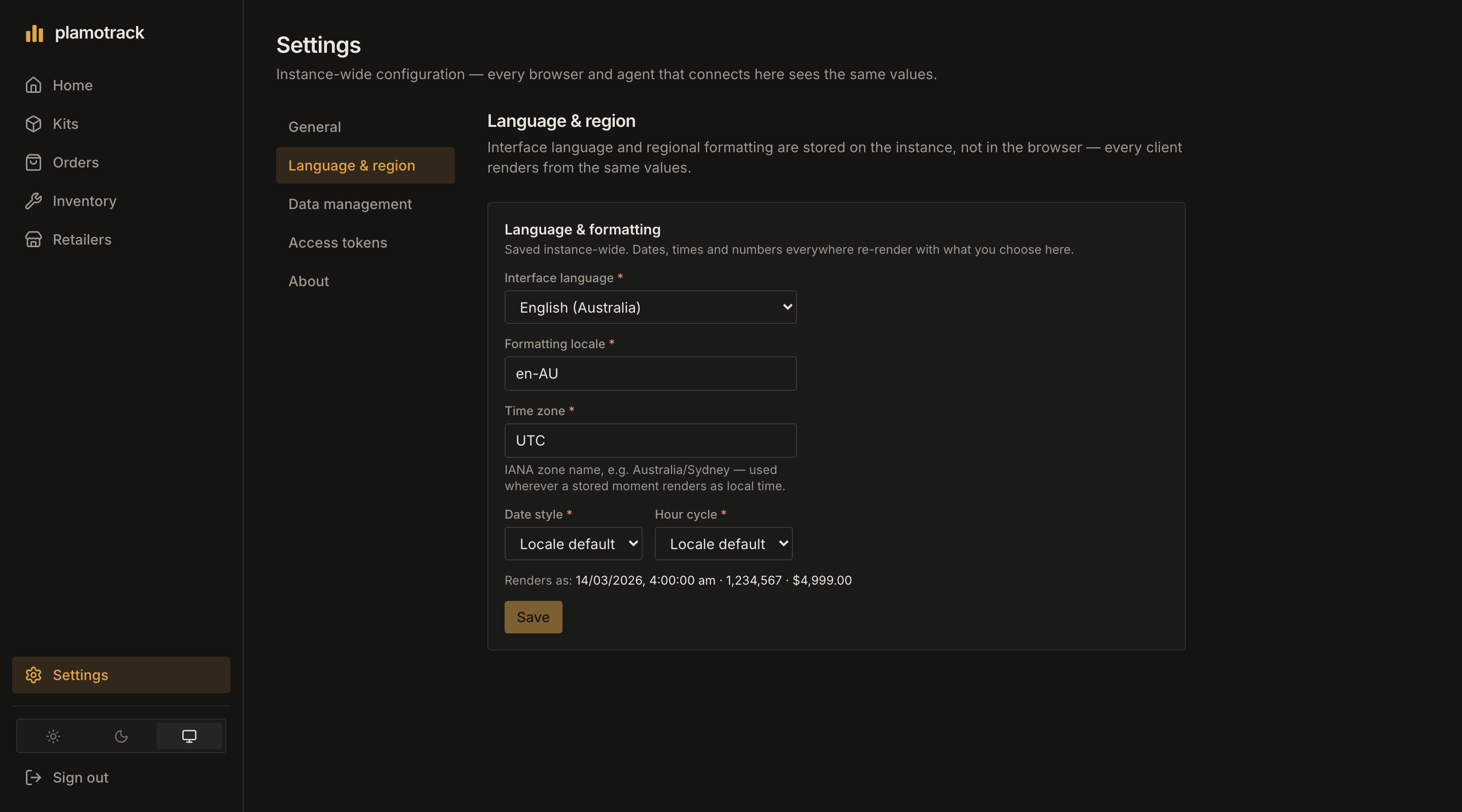 Settings → Language & region, with Interface language, Formatting locale, Time zone, Date style and Hour cycle, and a preview of how values render.