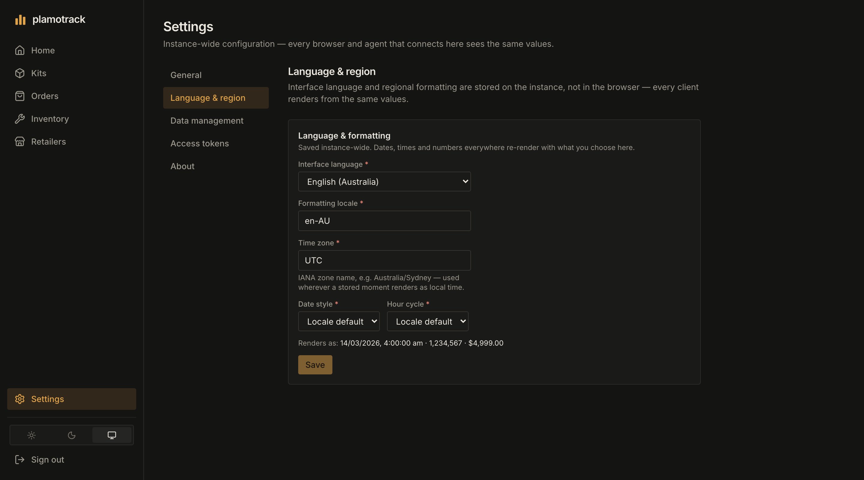 Settings → Language & region, with Interface language, Formatting locale, Time zone, Date style and Hour cycle, and a preview of how values render.