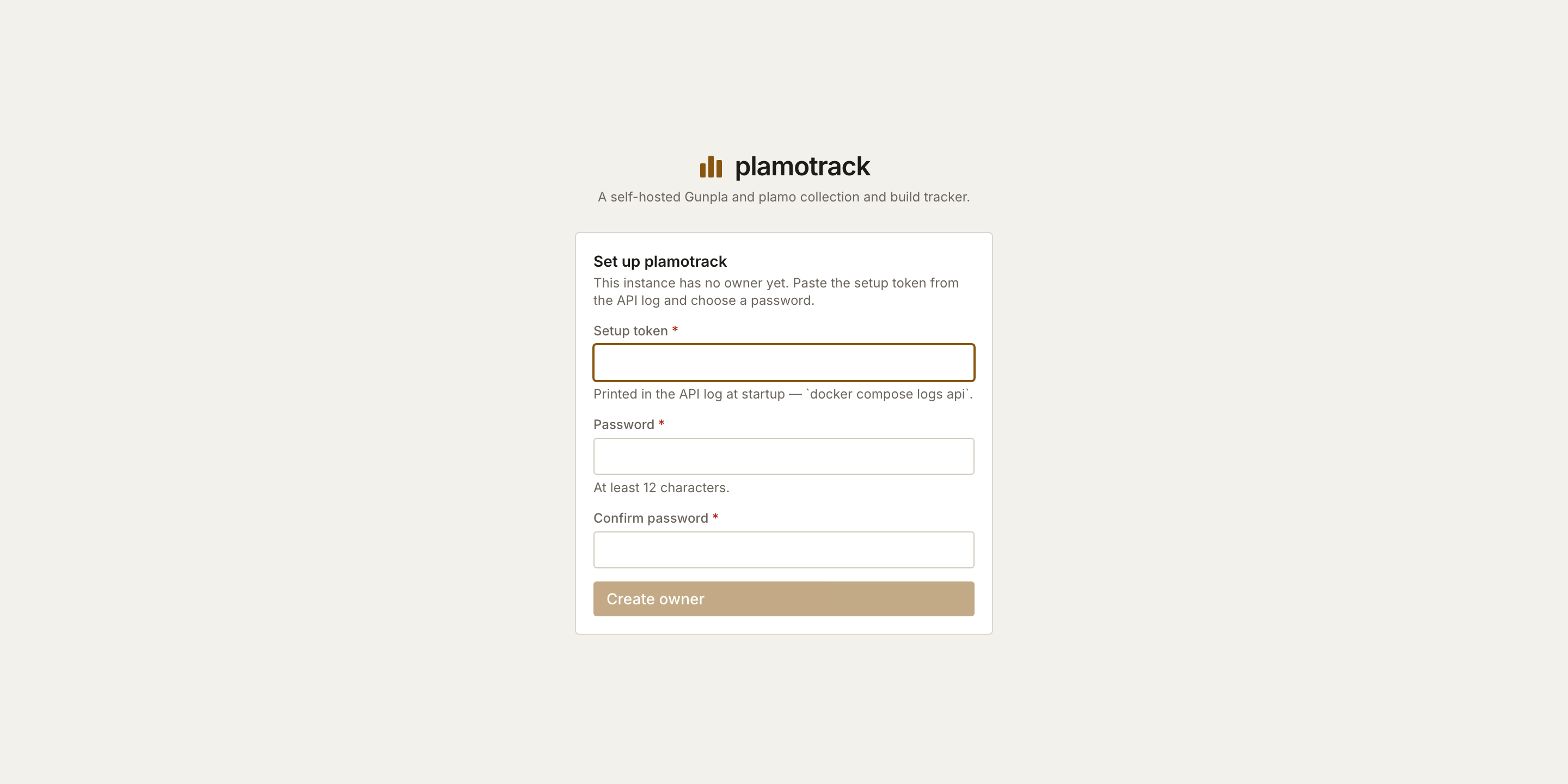 The Set up plamotrack screen, with Setup token, Password and Confirm password fields and a Create owner button.