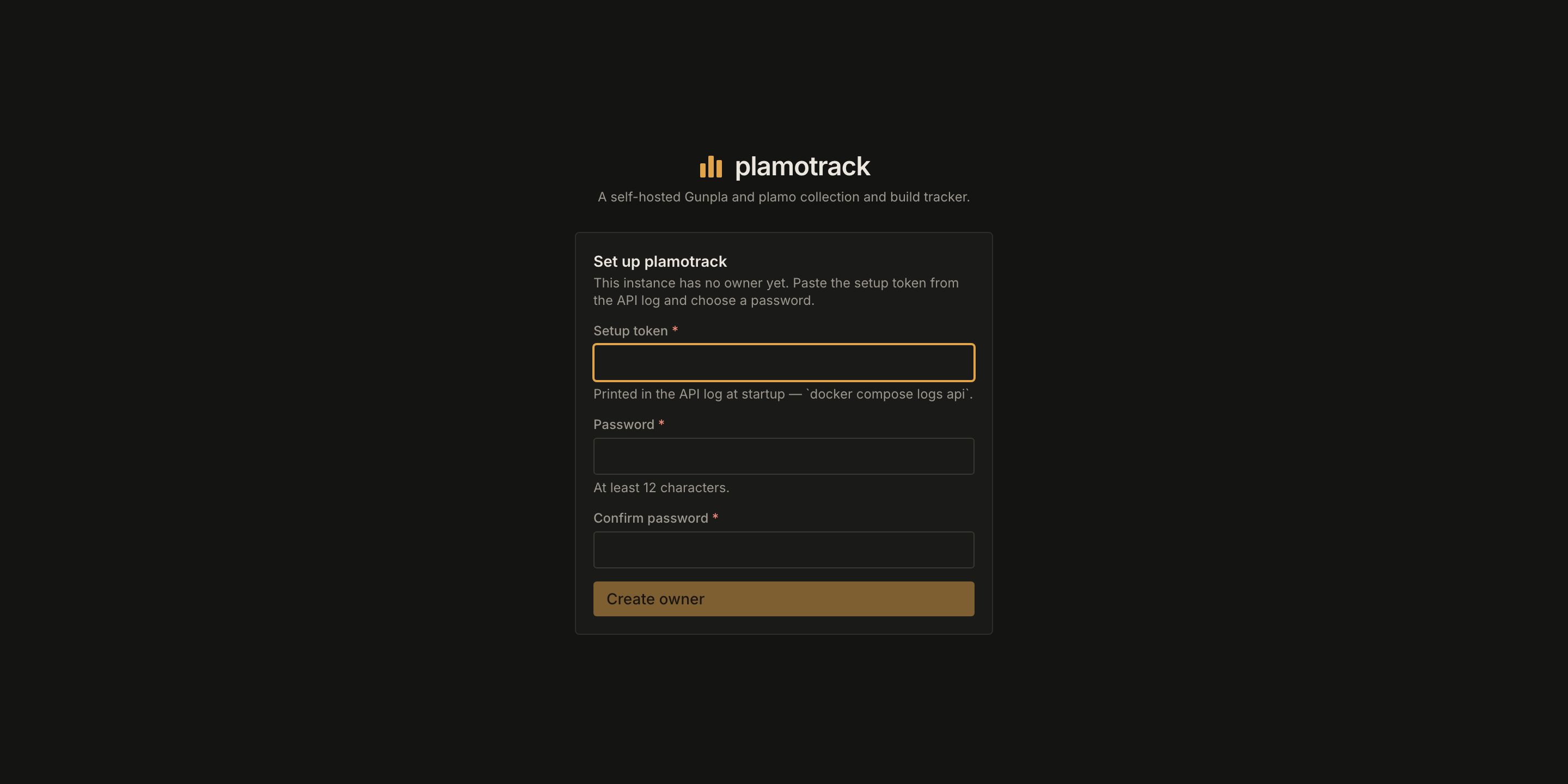 The Set up plamotrack screen, with Setup token, Password and Confirm password fields and a Create owner button.