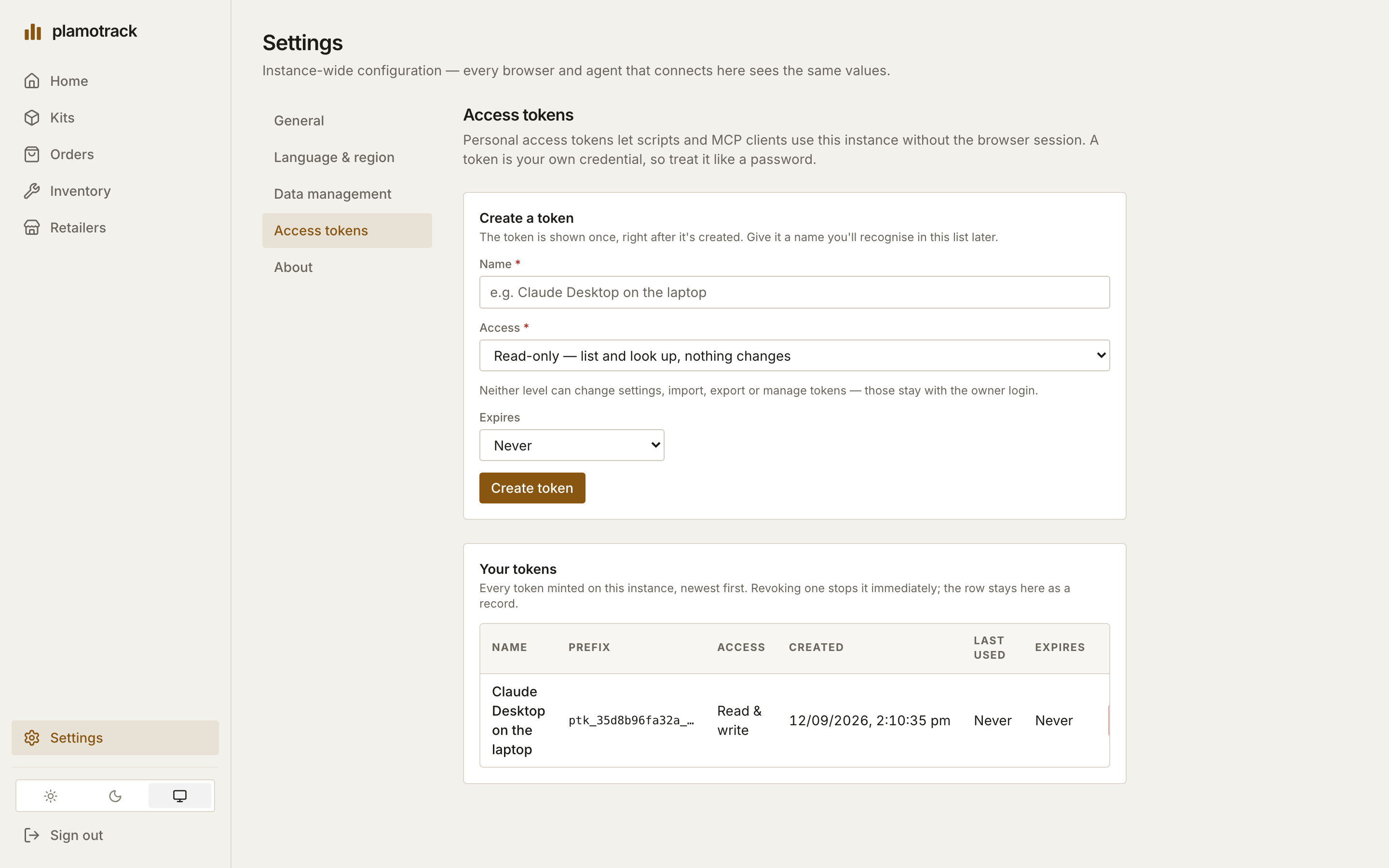 Settings → Access tokens: the Create a token form with Name, Access and Expires, and the token list below it showing one token by its prefix.