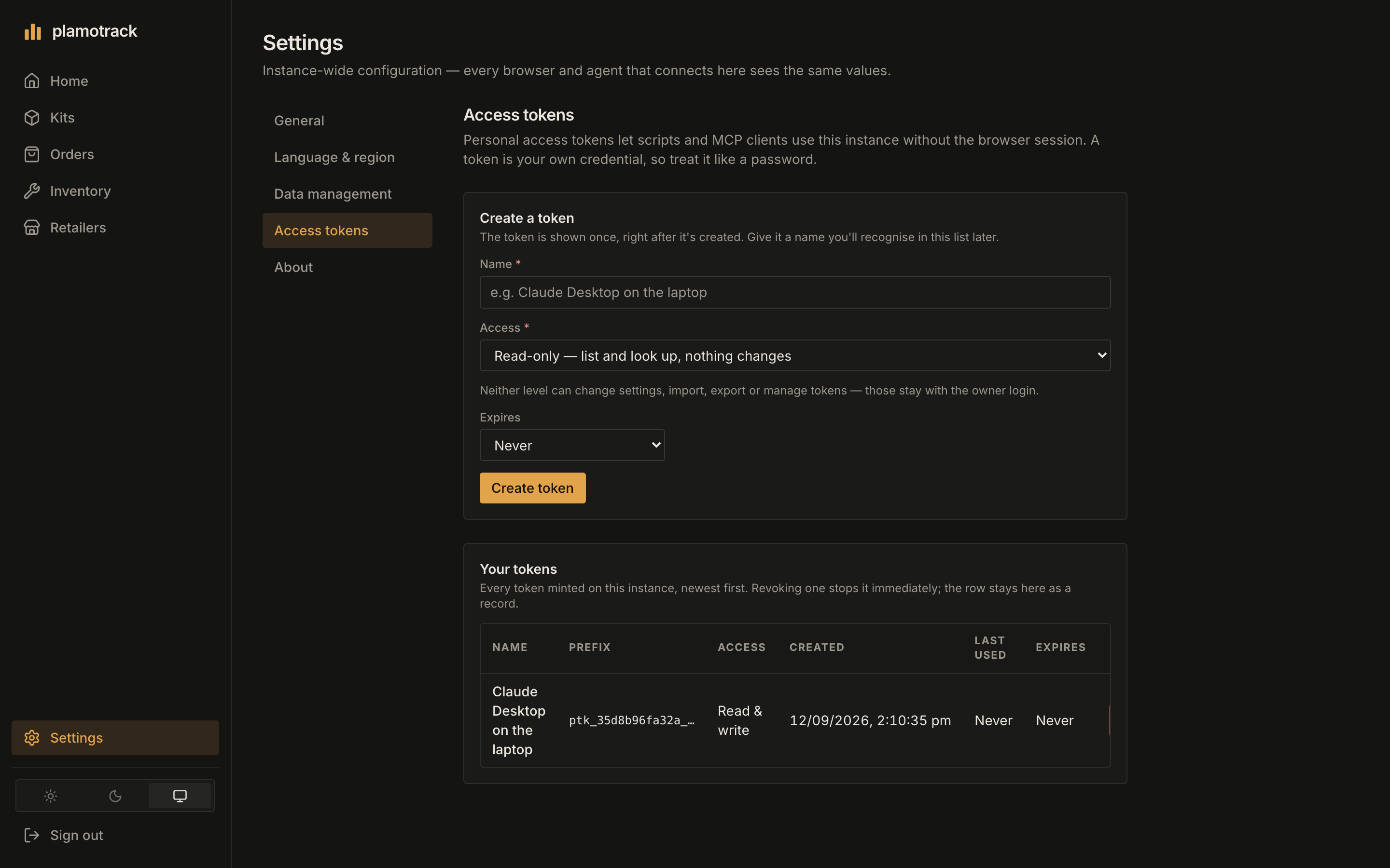 Settings → Access tokens: the Create a token form with Name, Access and Expires, and the token list below it showing one token by its prefix.