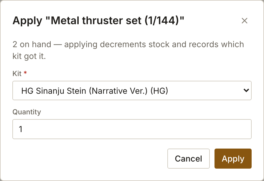 The Apply dialog for an upgrade part, with a kit chosen and the quantity set to 1.