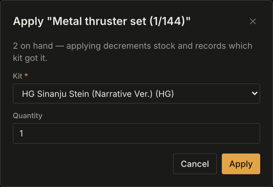 The Apply dialog for an upgrade part, with a kit chosen and the quantity set to 1.