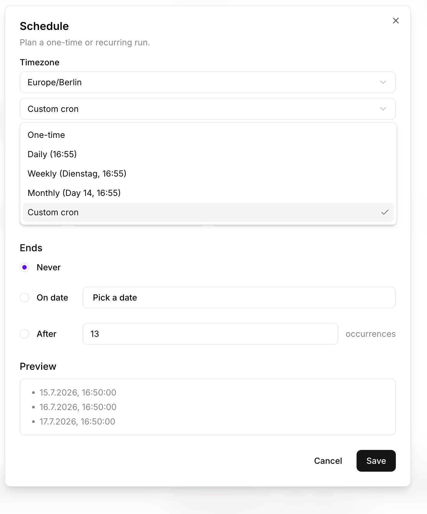 Sokosumi Schedule dialog showing timezone, recurrence options (One-time, Daily, Weekly, Monthly, Custom cron), an Ends condition, and a preview of upcoming run dates